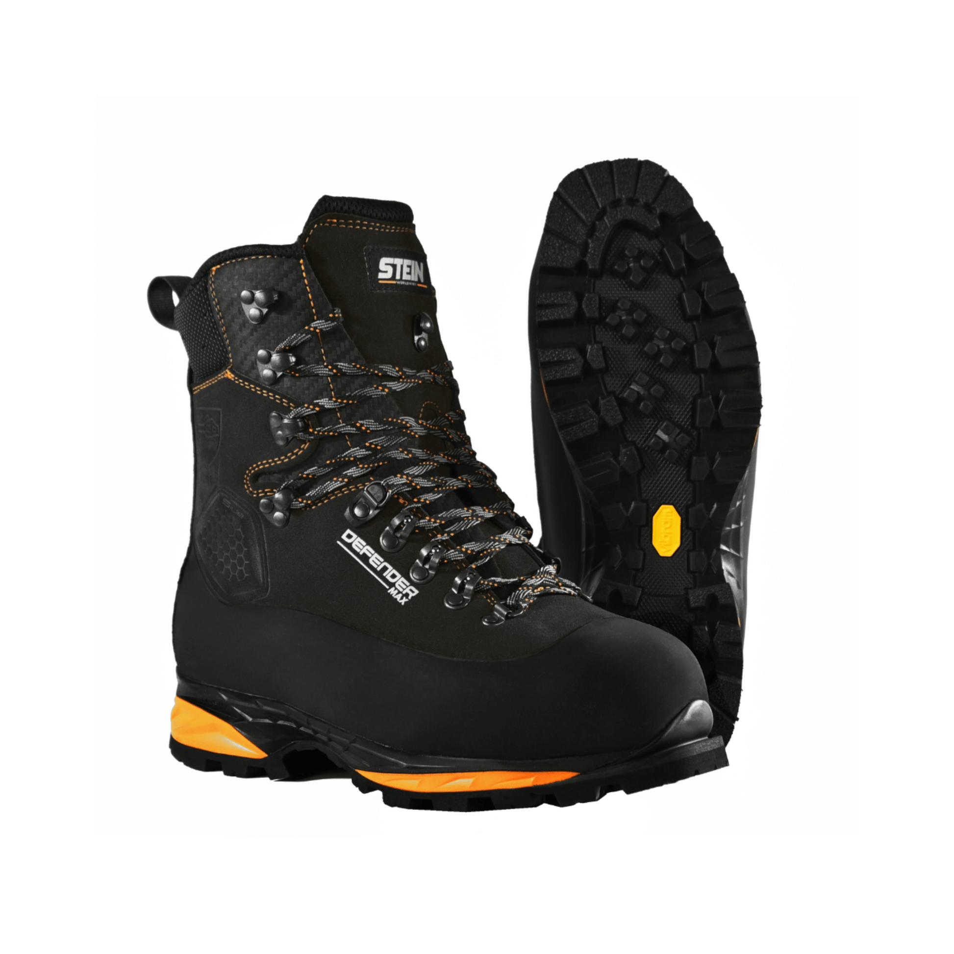 DEFENDER MAX V2 Black Chainsaw Boots Class 2 with rugged grip and ankle support, ideal for arborists and forestry work.