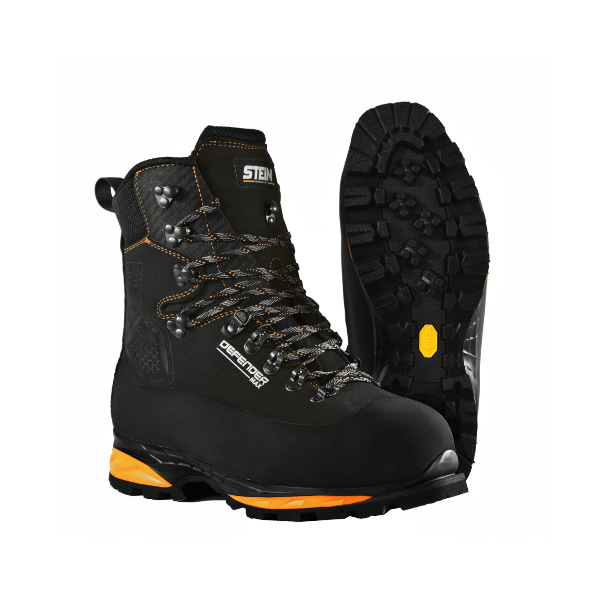 DEFENDER MAX V2 Black Chainsaw Boots Class 2 with rugged grip and ankle support, ideal for arborists and forestry work.