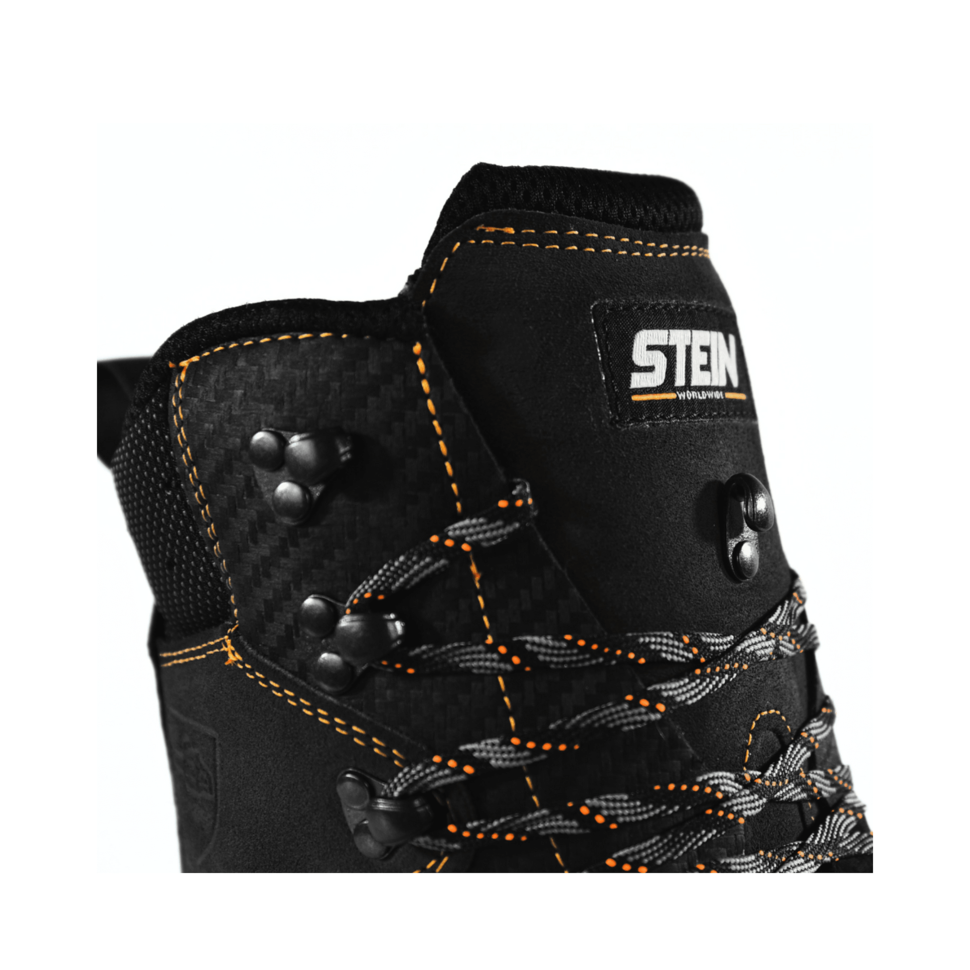 Close-up of the STEIN DEFENDER MAX V2 Black Chainsaw Boots Class 2 showing durable materials and ankle support.