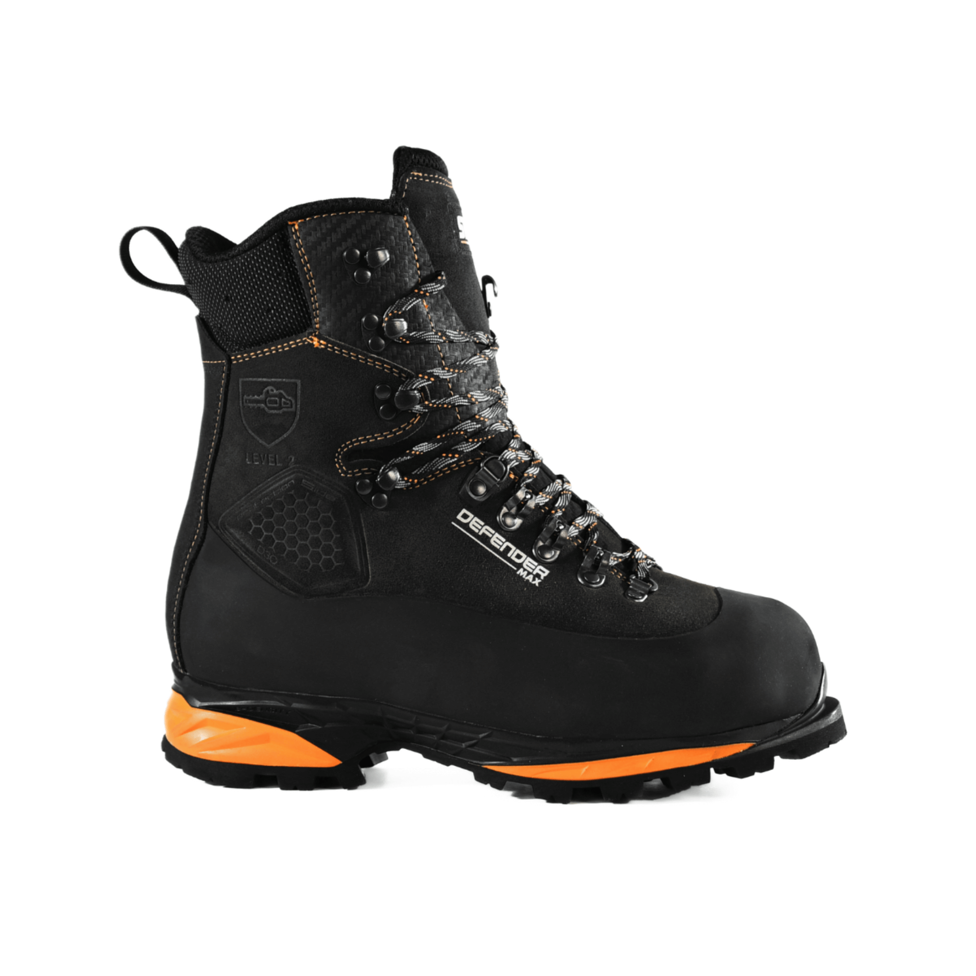 DEFENDER MAX V2 Black Chainsaw Boots Class 2, durable footwear for forestry and arborist professionals.