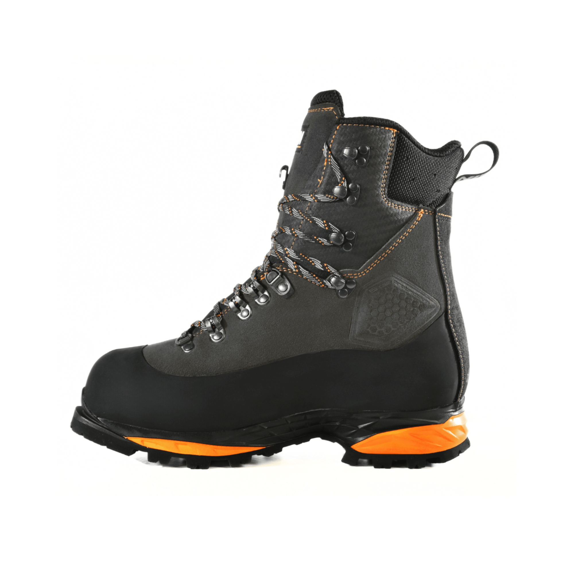 DEFENDER MAX V2 Grey Chainsaw Boots Class 2 side view showcasing durability and rugged design for arborists.