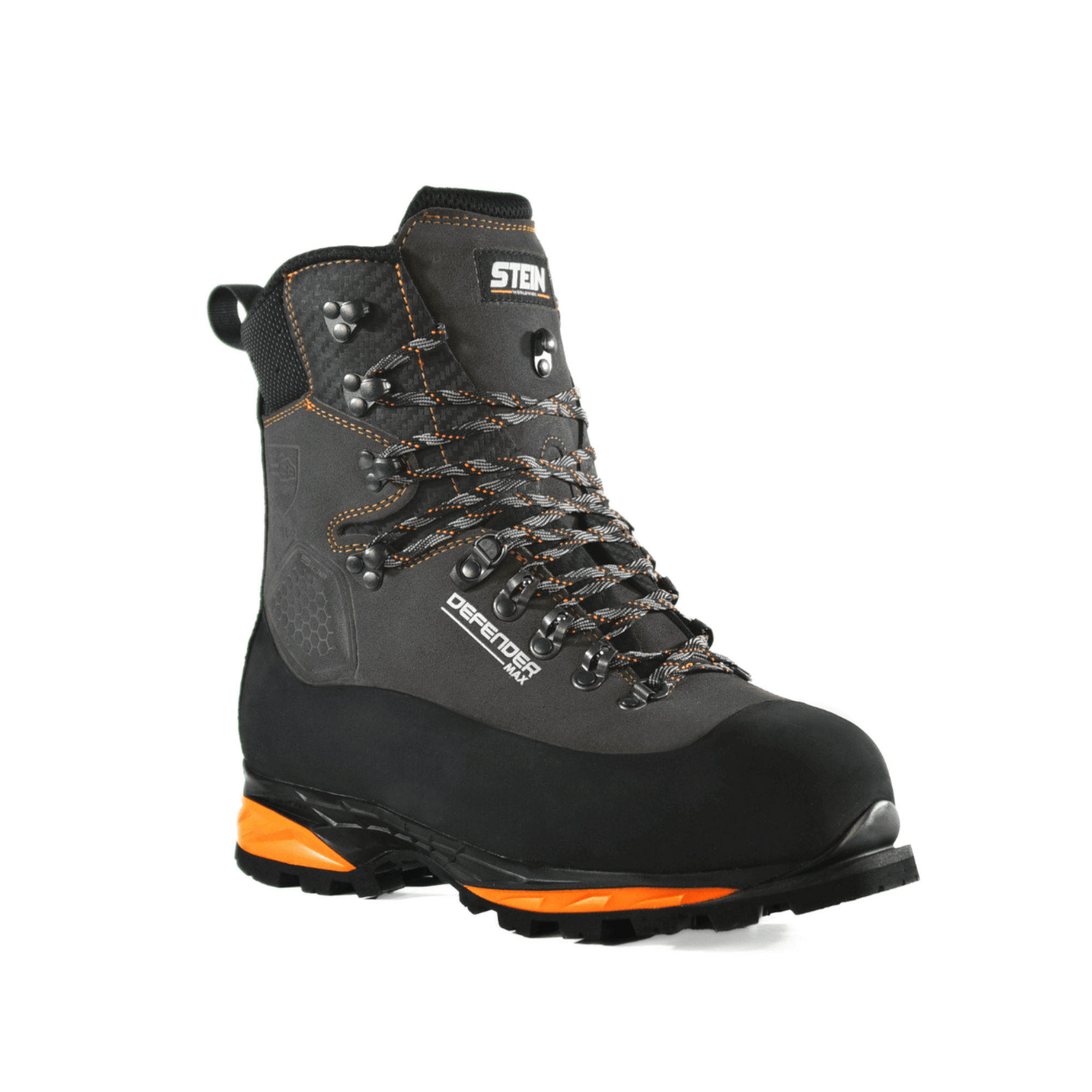 DEFENDER MAX V2 Grey Chainsaw Boots Class 2 with rugged sole and cut protection for forestry workers.