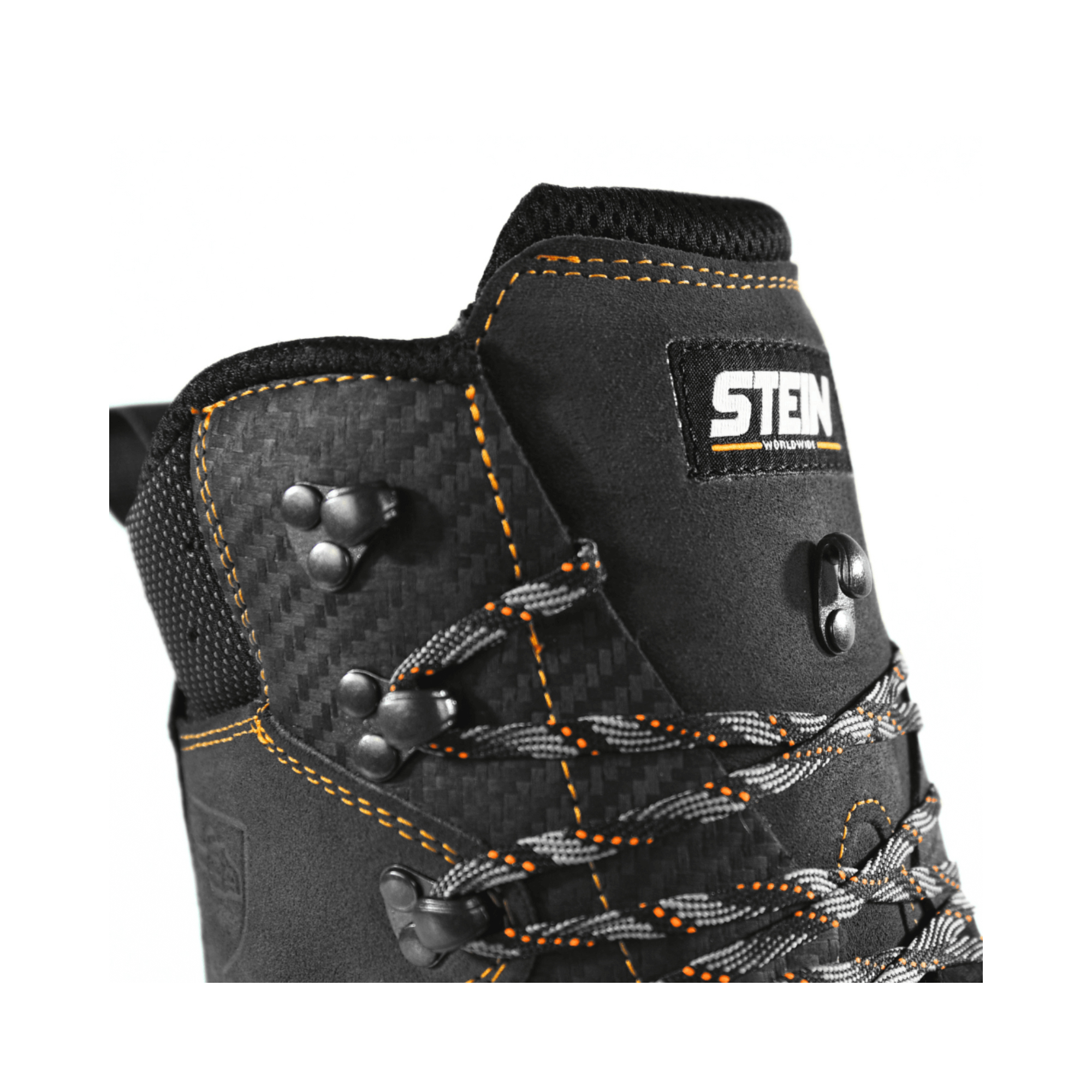Close-up of the STEIN logo and lacing system on DEFENDER MAX V2 Grey Chainsaw Boots Class 2 for enhanced stability.