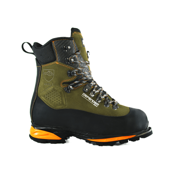 DEFENDER MAX V2 Olive Chainsaw Boots Class 2 with premium leather upper and durable sole, designed for forestry professionals.