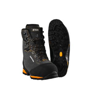 DEFENDER V2 Grey Chainsaw Boots Class 2 displayed from front and sole view, showcasing premium protective footwear.