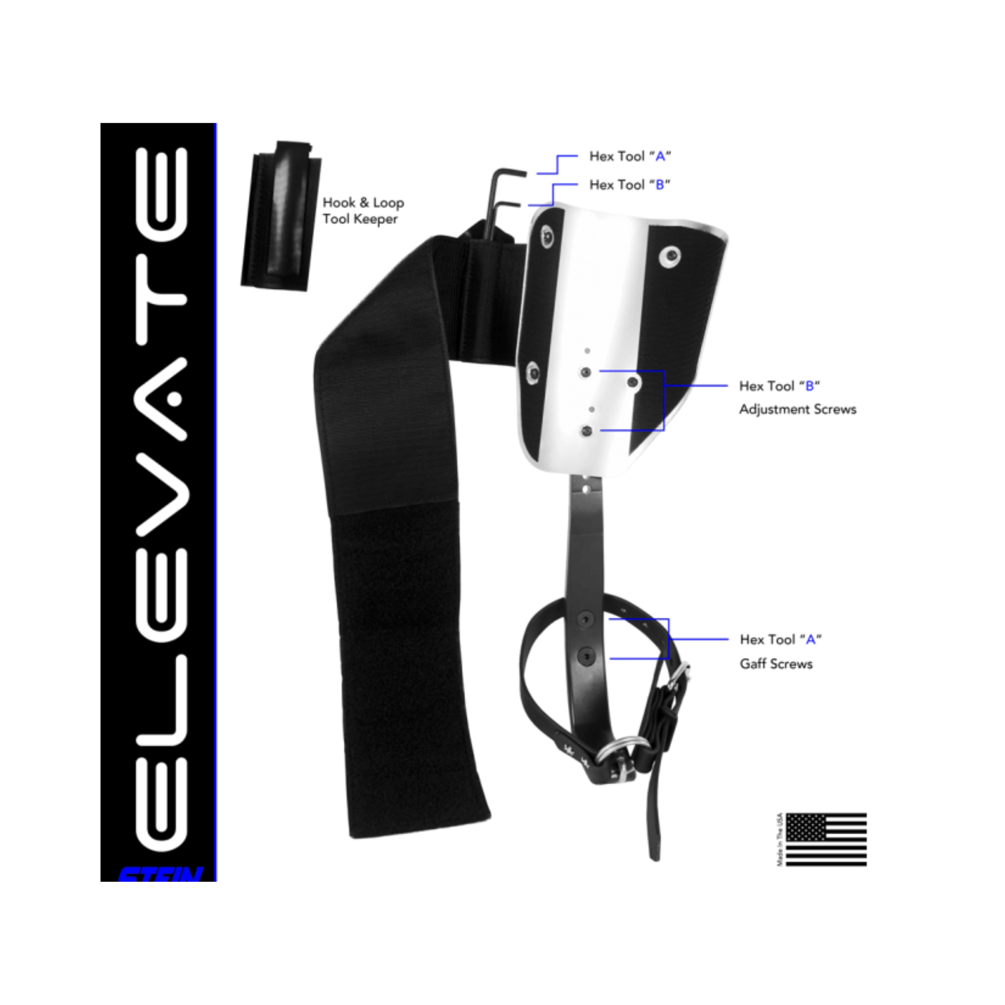 ELEVATE Tree Climbing Spikes Black, featuring hex tools and adjustable straps for tree surgeons.
