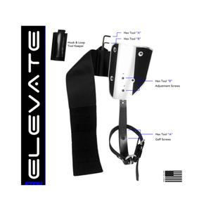 ELEVATE Tree Climbing Spikes Black, featuring hex tools and adjustable straps for tree surgeons.