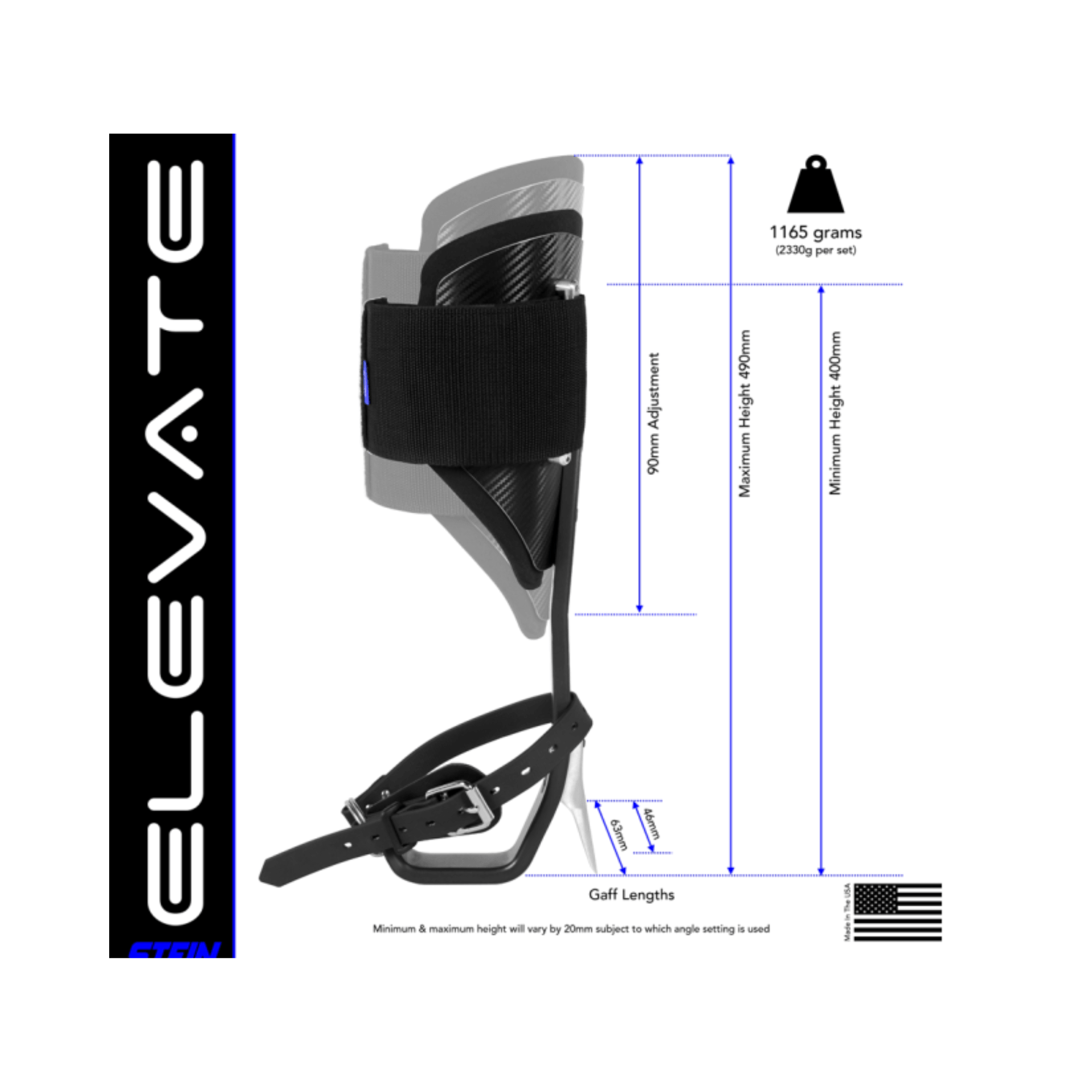 ELEVATE Tree Climbing Spikes Black with detailed measurements and specifications for tree surgeons.