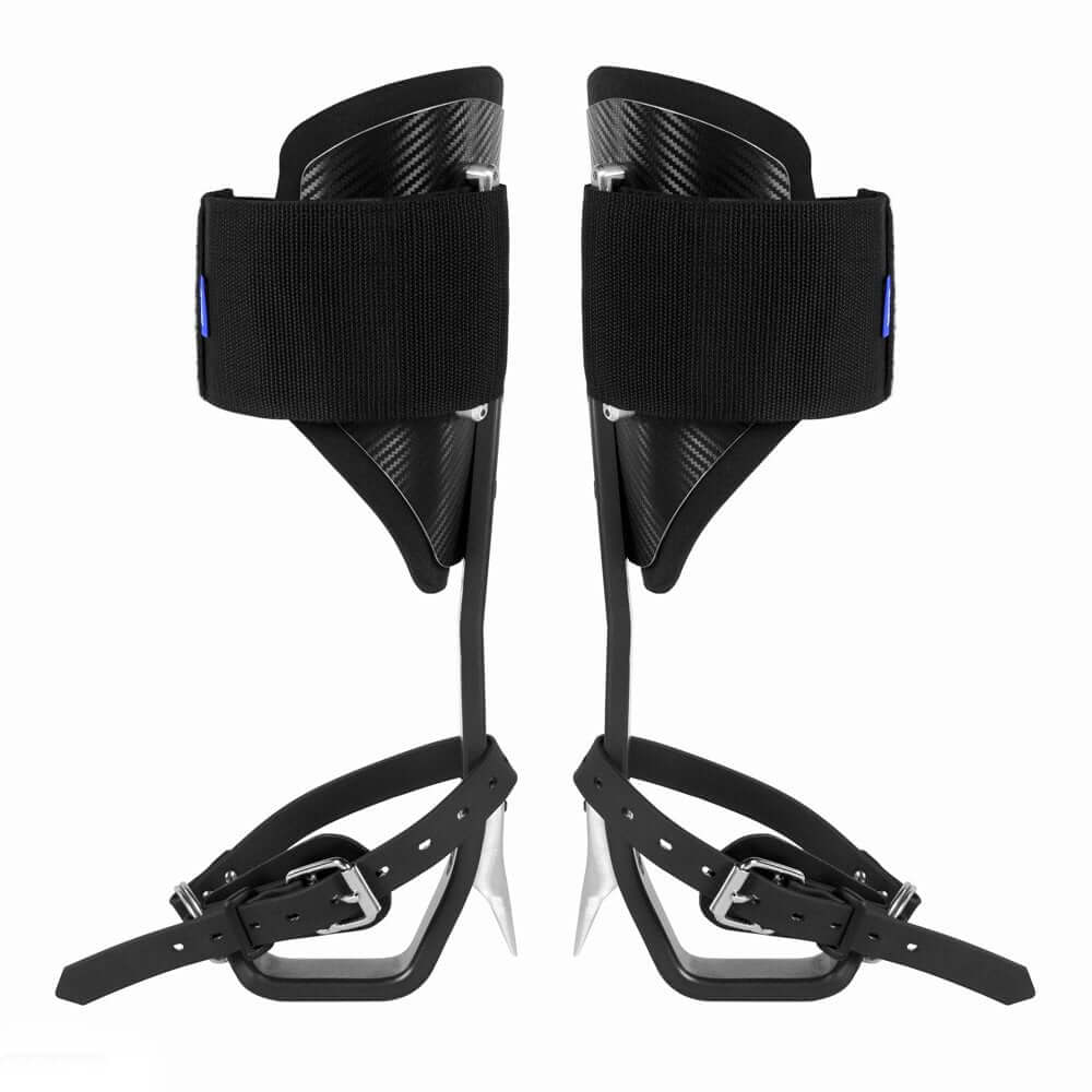 ELEVATE Tree Climbing Spikes Black designed for tree surgeons, featuring durable aluminum shank and adjustable straps.