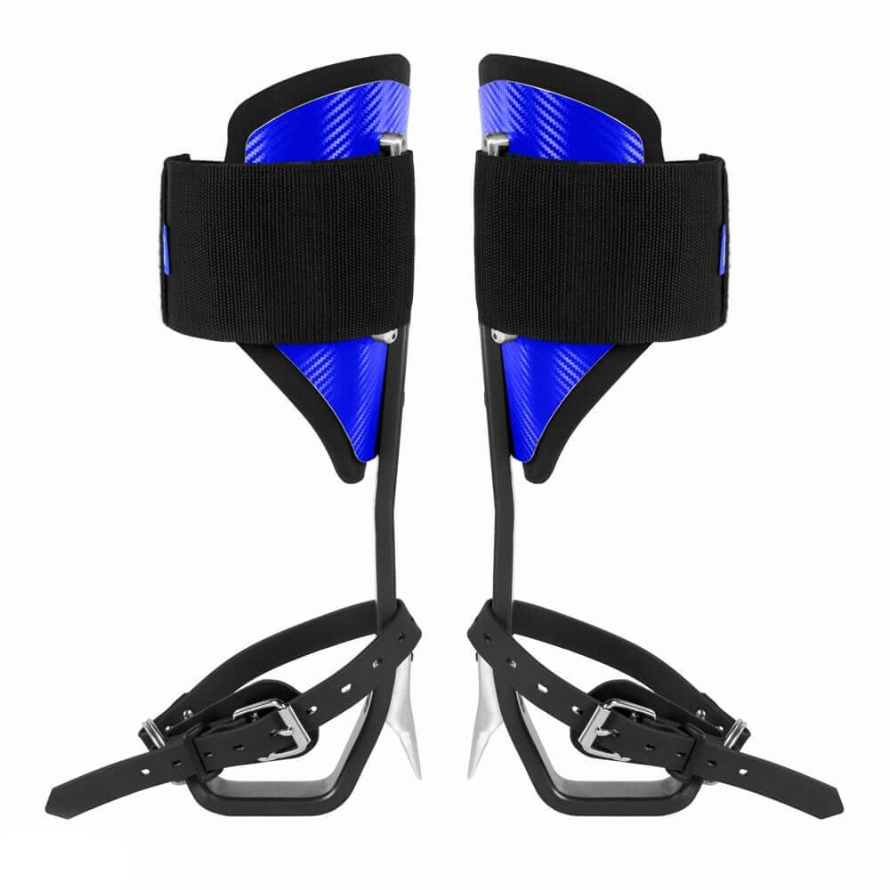STEIN ELEVATE Tree Climbing Spikes in blue with adjustable straps for tree surgeons and climbers.