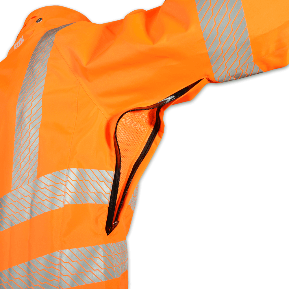 Close-up of EVO-X25 All Weather Work Jacket with Hood, featuring reflective stripes and ventilation for comfort.