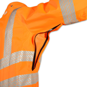 Close-up of EVO-X25 All Weather Work Jacket with Hood, featuring reflective stripes and ventilation for comfort.