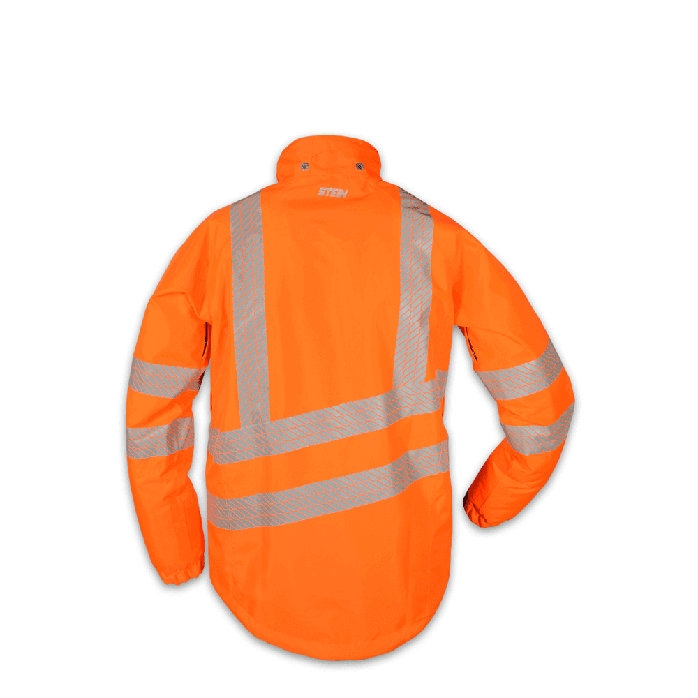 Back view of the STEIN EVO-X25 All Weather Work Jacket in bright orange, featuring reflective stripes for enhanced visibility.