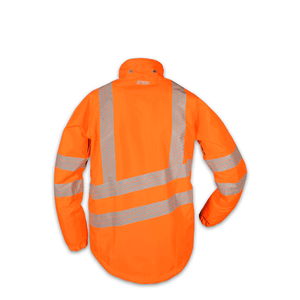 Back view of the STEIN EVO-X25 All Weather Work Jacket in bright orange, featuring reflective stripes for enhanced visibility.