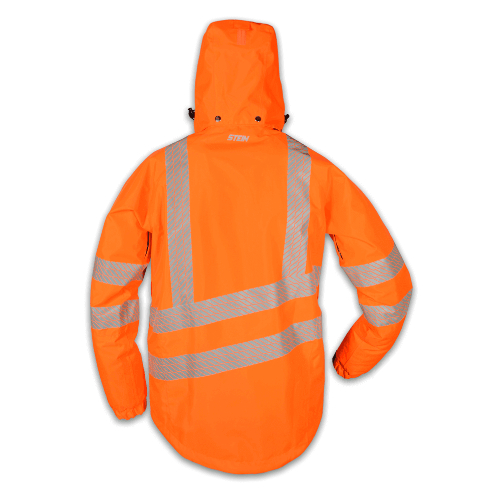 Rear view of the STEIN EVO-X25 All Weather Work Jacket with Hood, featuring high visibility orange and reflective stripes.