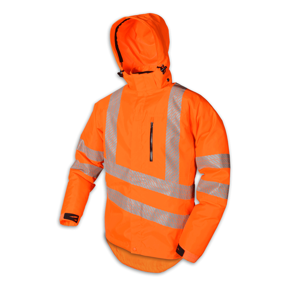 EVO-X25 All Weather Work Jacket with Hood in bright orange, featuring reflective stripes for visibility and protection from the elements.