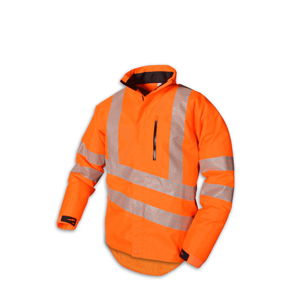 STEIN EVO-X25 All Weather Work Jacket with Hood in high visibility orange, ideal for construction and tree surgeons.