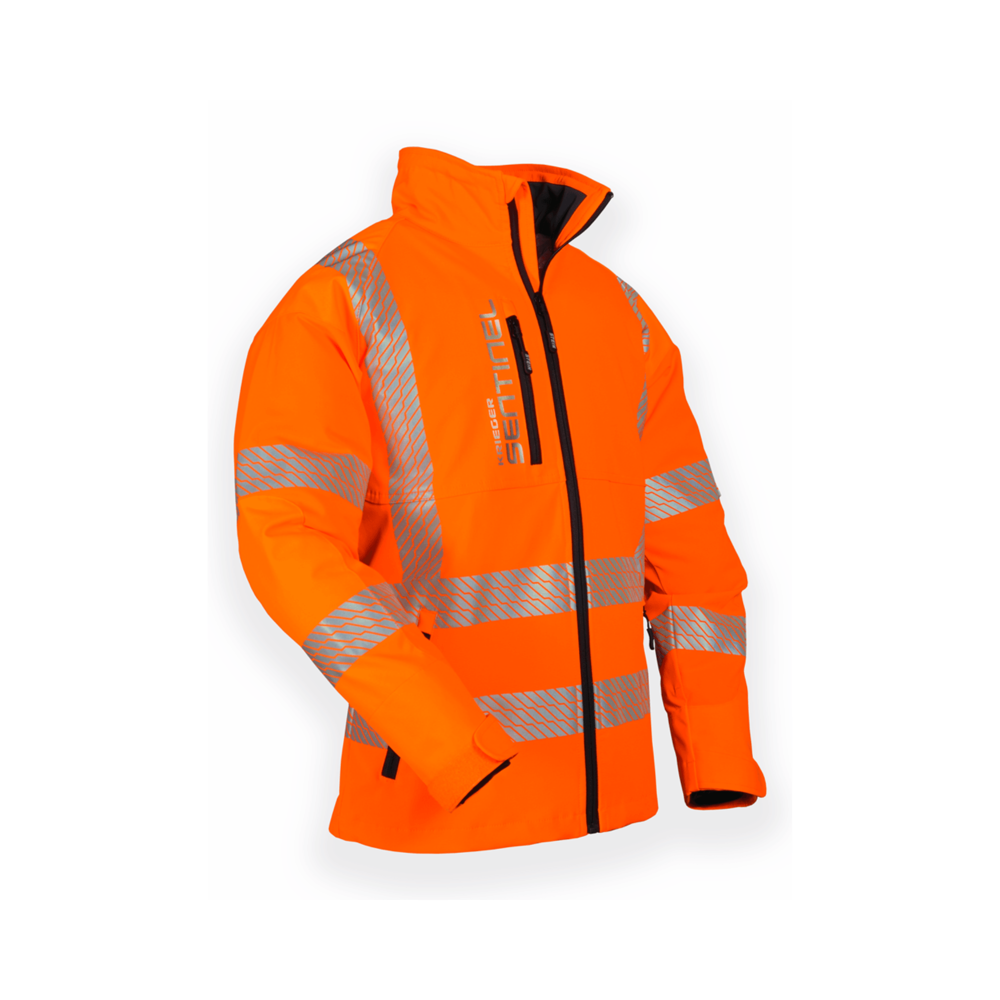 KRIEGER SENTINEL Rail Breathable Jacket featuring high-visibility orange fabric and reflective strips for safety.