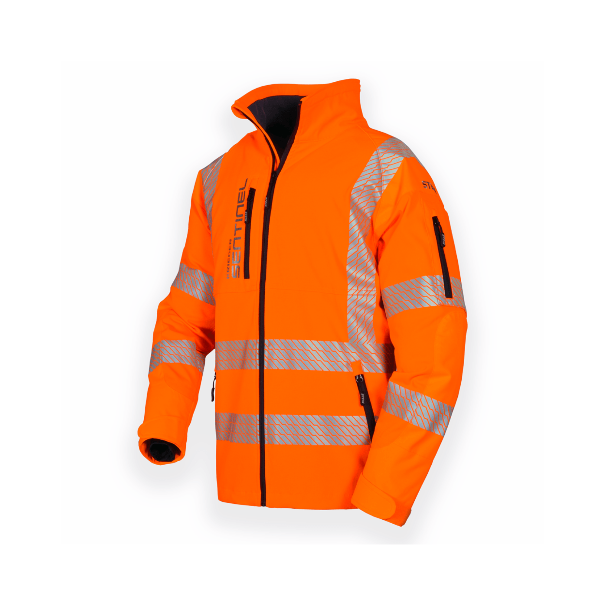 KRIEGER SENTINEL Rail Breathable Jacket in high-visibility orange with reflective stripes for arborists and utility contractors.