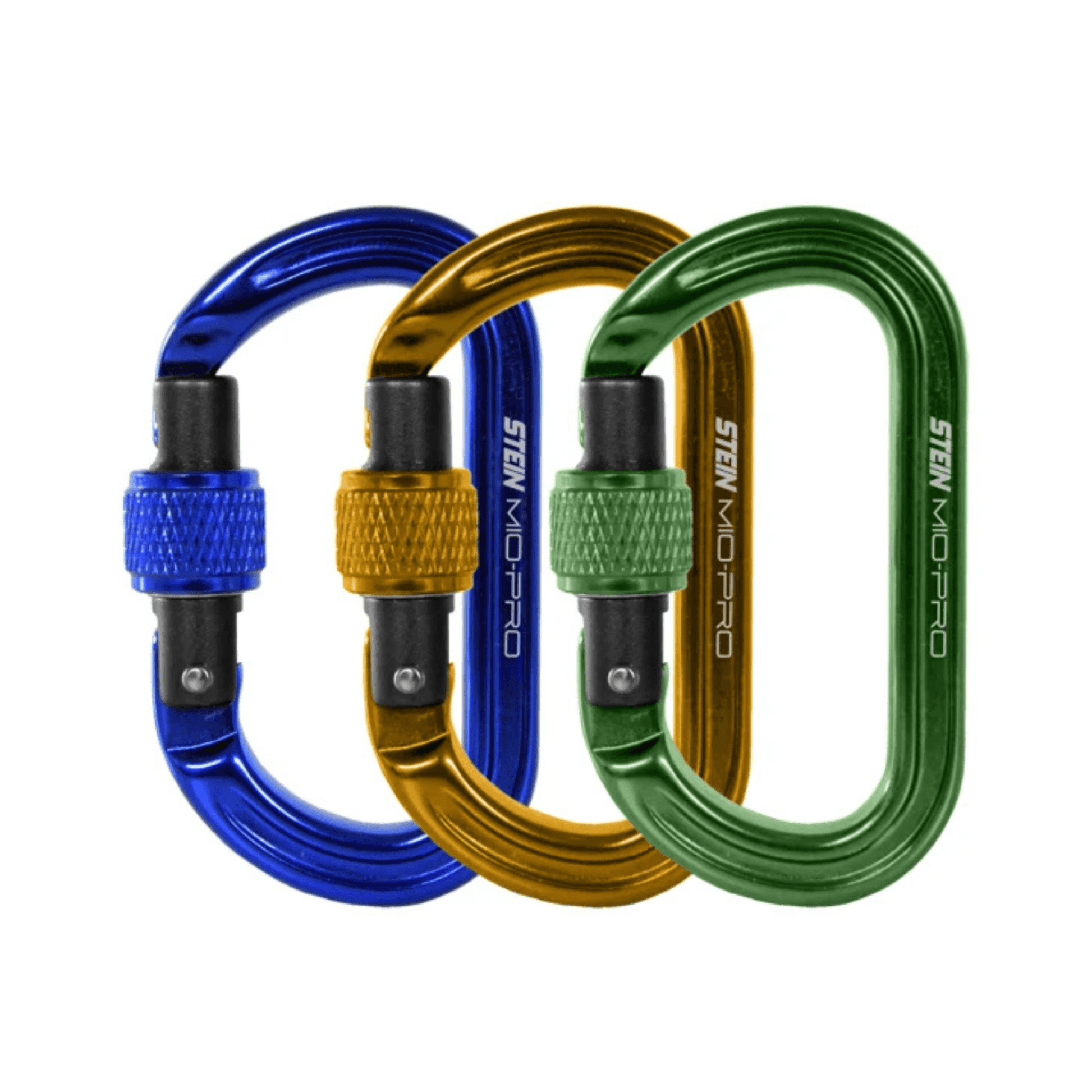 MIO-Pro Mini-O S-Lock 3 Pack featuring blue, orange, and green screwgate connectors for tree surgeons.