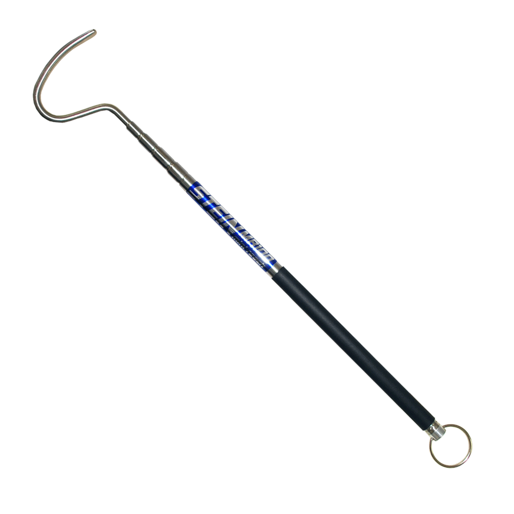 A stein compact and lightweight mini-reacher tool with a black handle, blue detailing, and a metallic hook on one end.