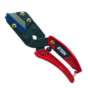 A red and green Stein razor rope cutter with a sharp blade and ergonomic handles.