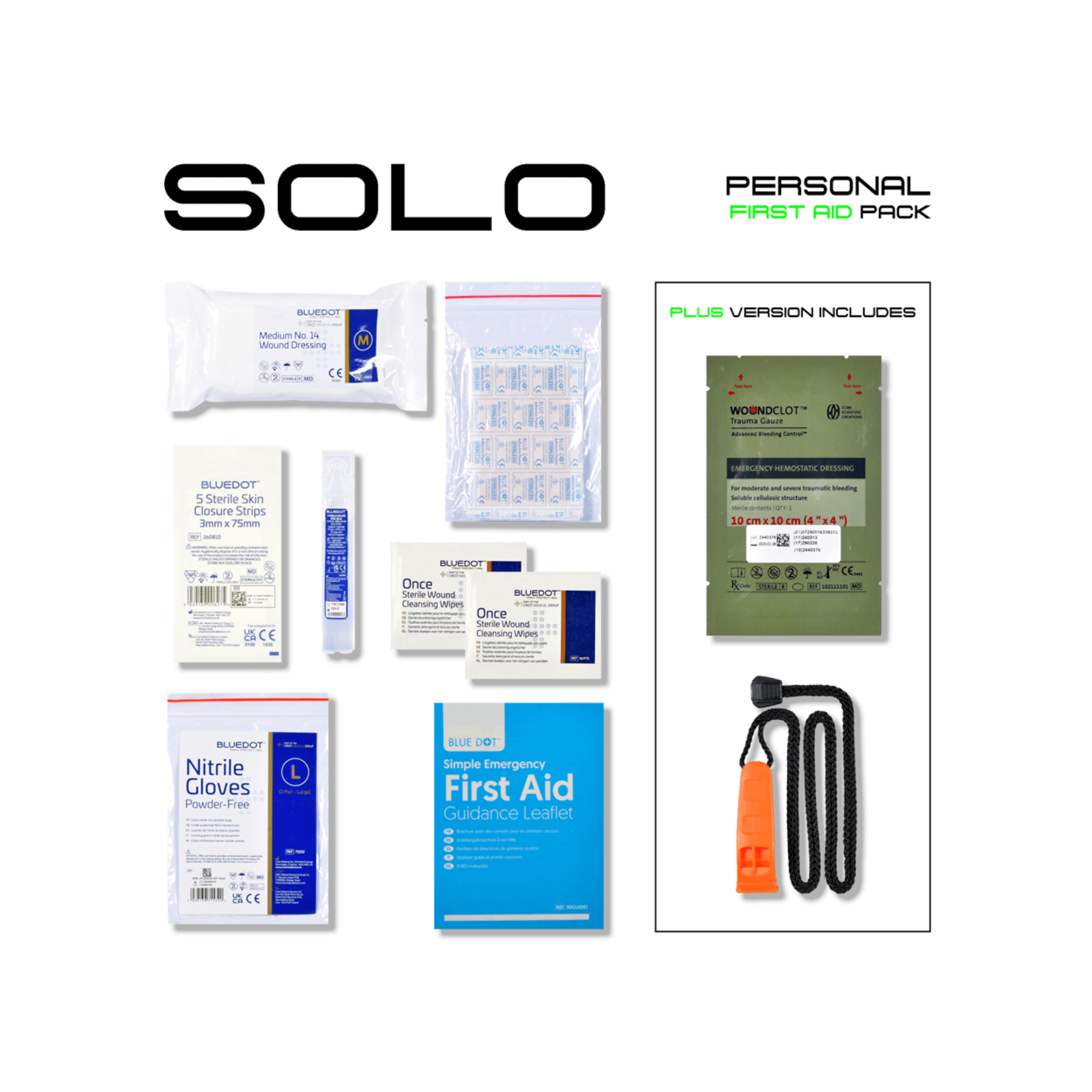 SOLO Personal First Aid Pack Refill contents including gloves, bandages, and first aid guide for tree surgeons.