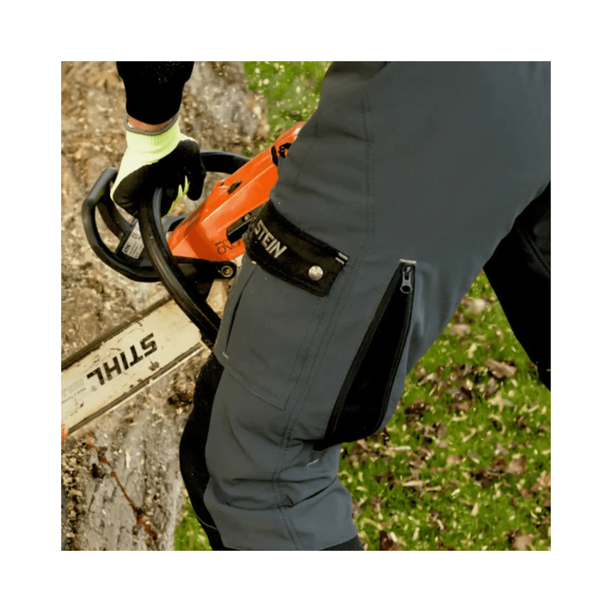 Sentinel Chainsaw Trousers Type A worn by a tree surgeon using a chainsaw in a forestry setting.
