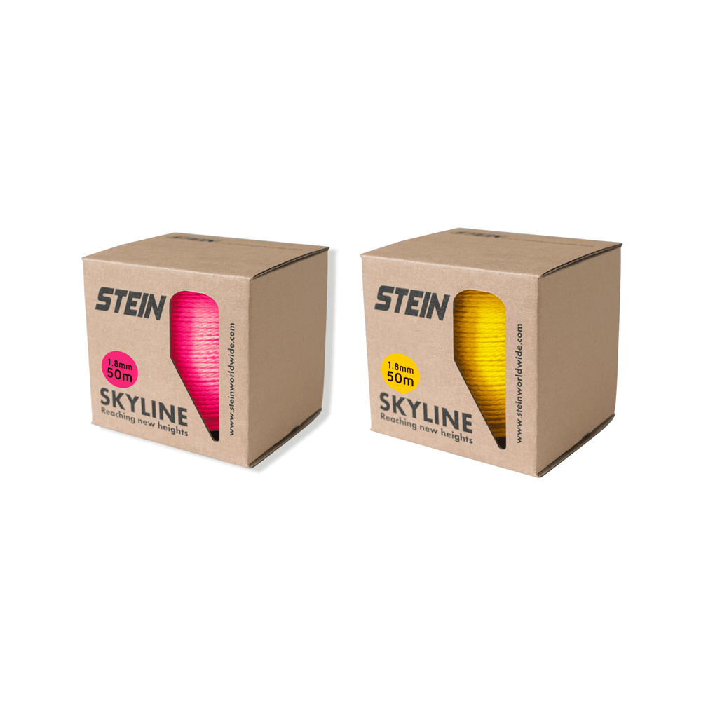 Skyline Throwline 50m boxes in pink and yellow from STEIN, showcasing professional arborist equipment.
