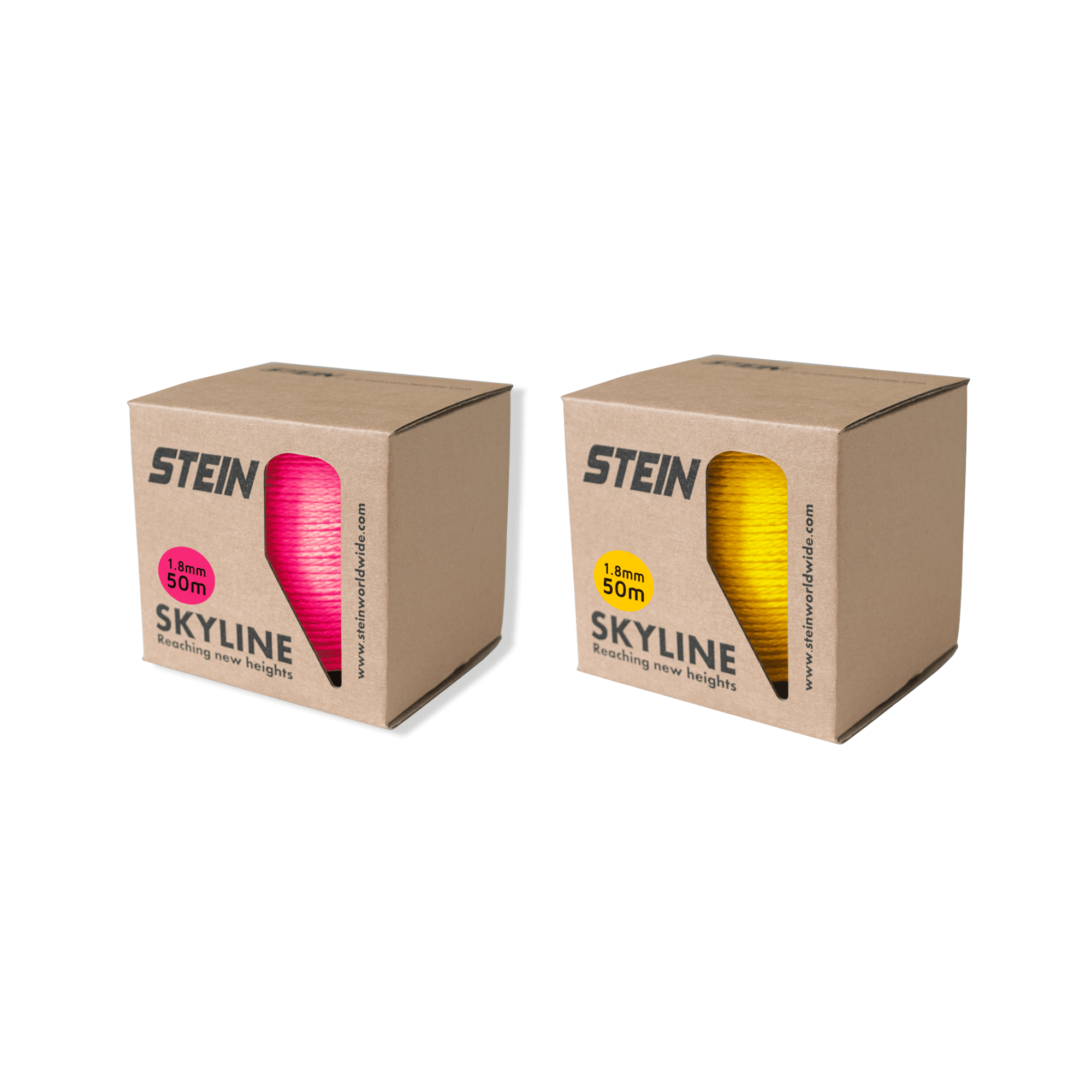 Skyline Throwline 50m boxes in pink and yellow from STEIN, showcasing professional arborist equipment.