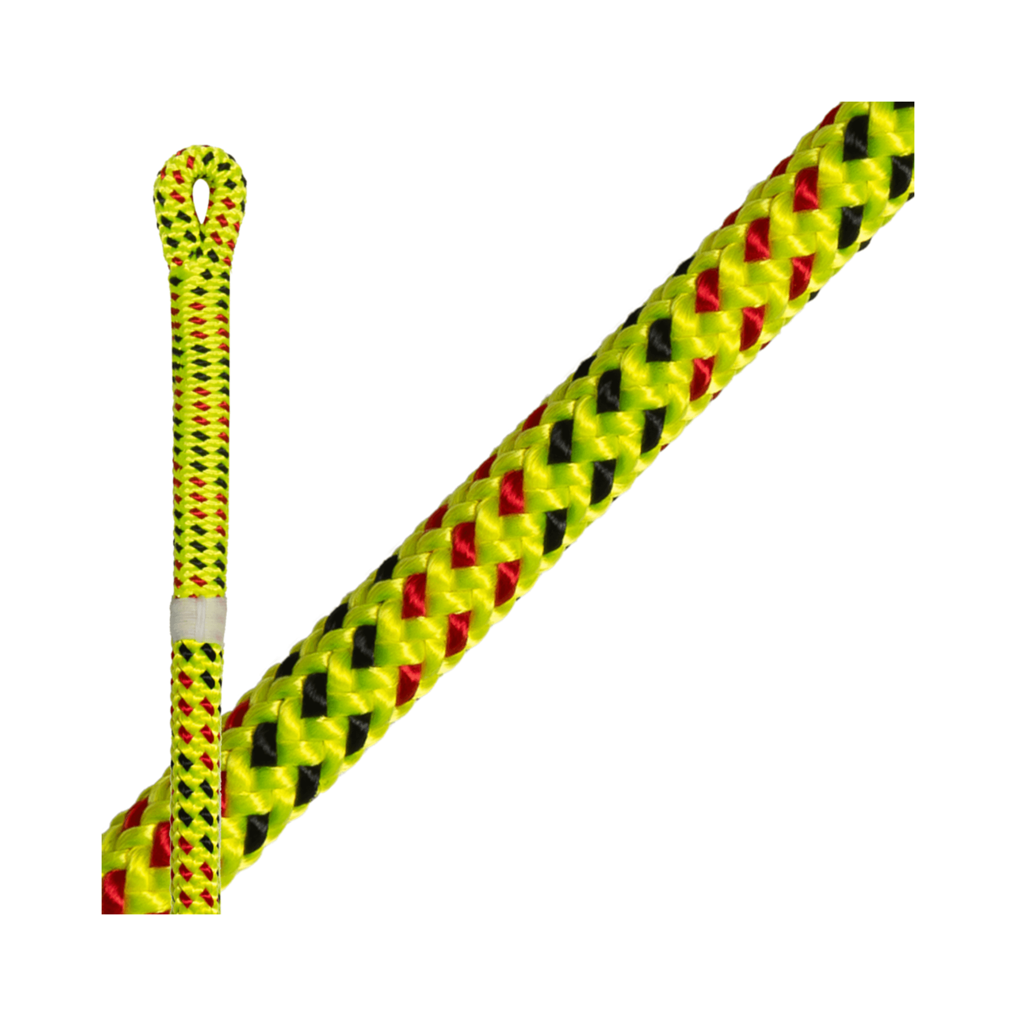 Sunburst Climbing Rope 11.7mm with spliced eye and bright yellow, red, and black strands for tree surgeons.