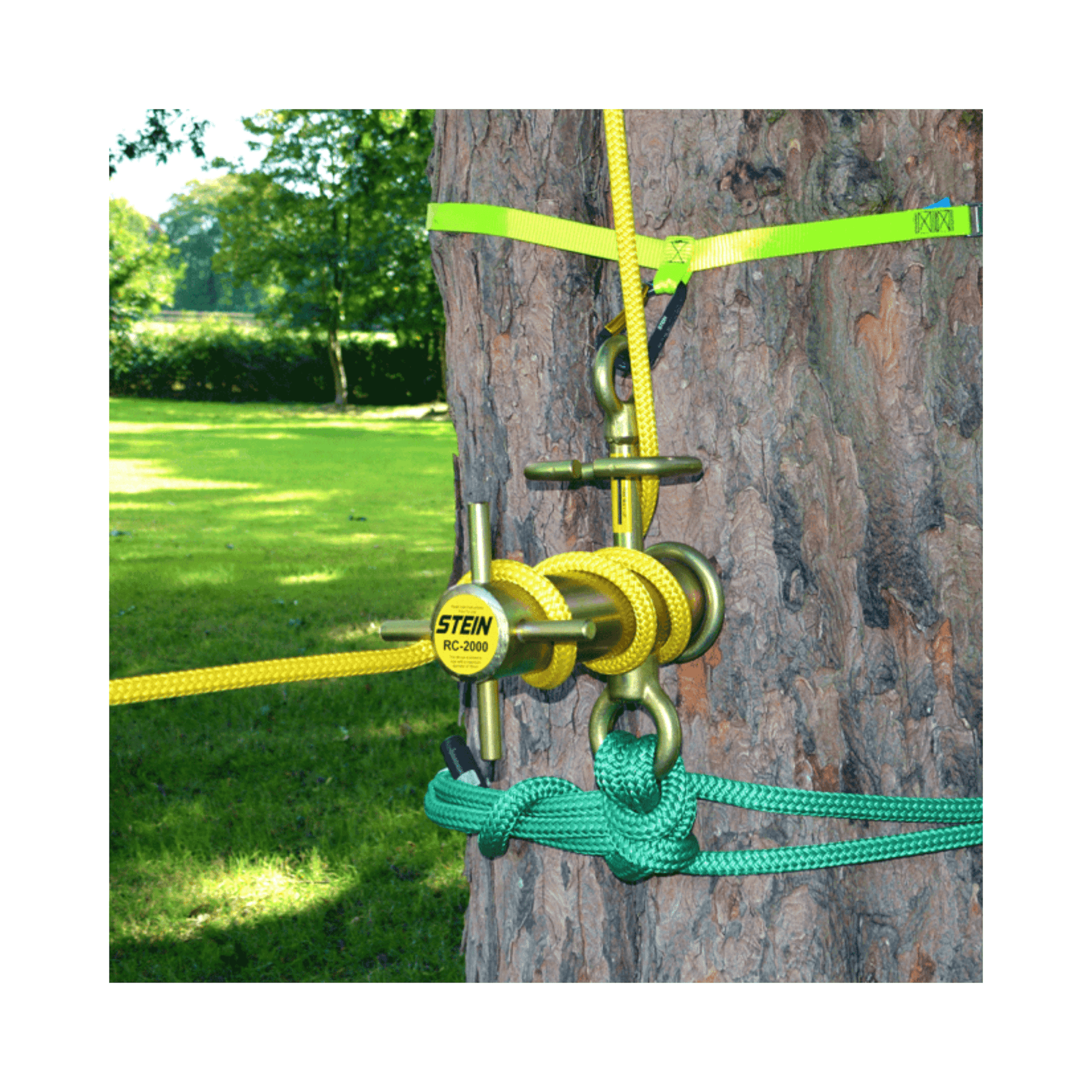Top Mounting Lowering Strap 5m secured to a tree for RC device installation and rigging.