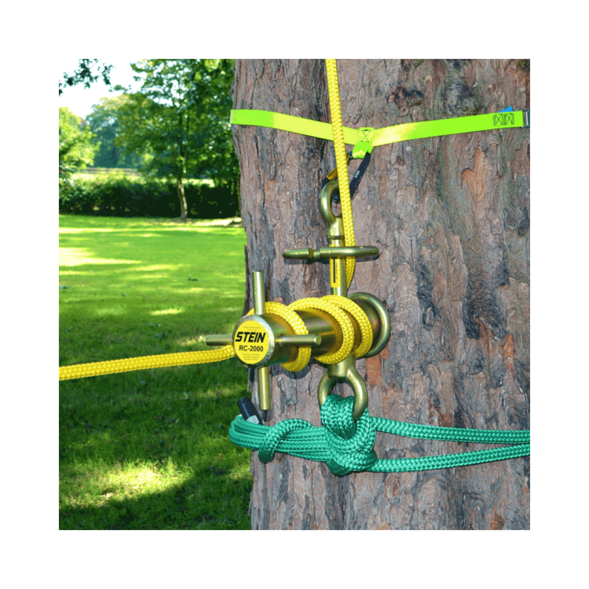 Top Mounting Lowering Strap 5m secured to a tree for RC device installation and rigging.