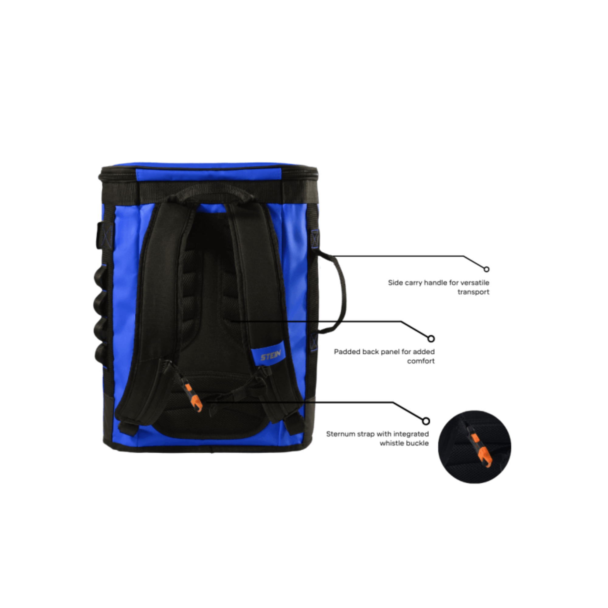 VOYAGER 50 Climbing Kit Storage Bag Blue with padded back panel and side carry handle for transport