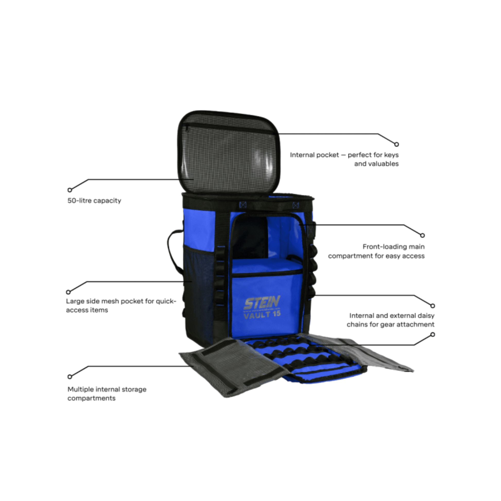 VOYAGER 50 Climbing Kit Storage Bag Blue features durable design, 50-litre capacity, and multiple storage compartments.