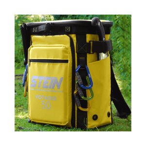 VOYAGER 50 Climbing Kit Storage Bag Blue displayed in outdoor setting with climbing gear.