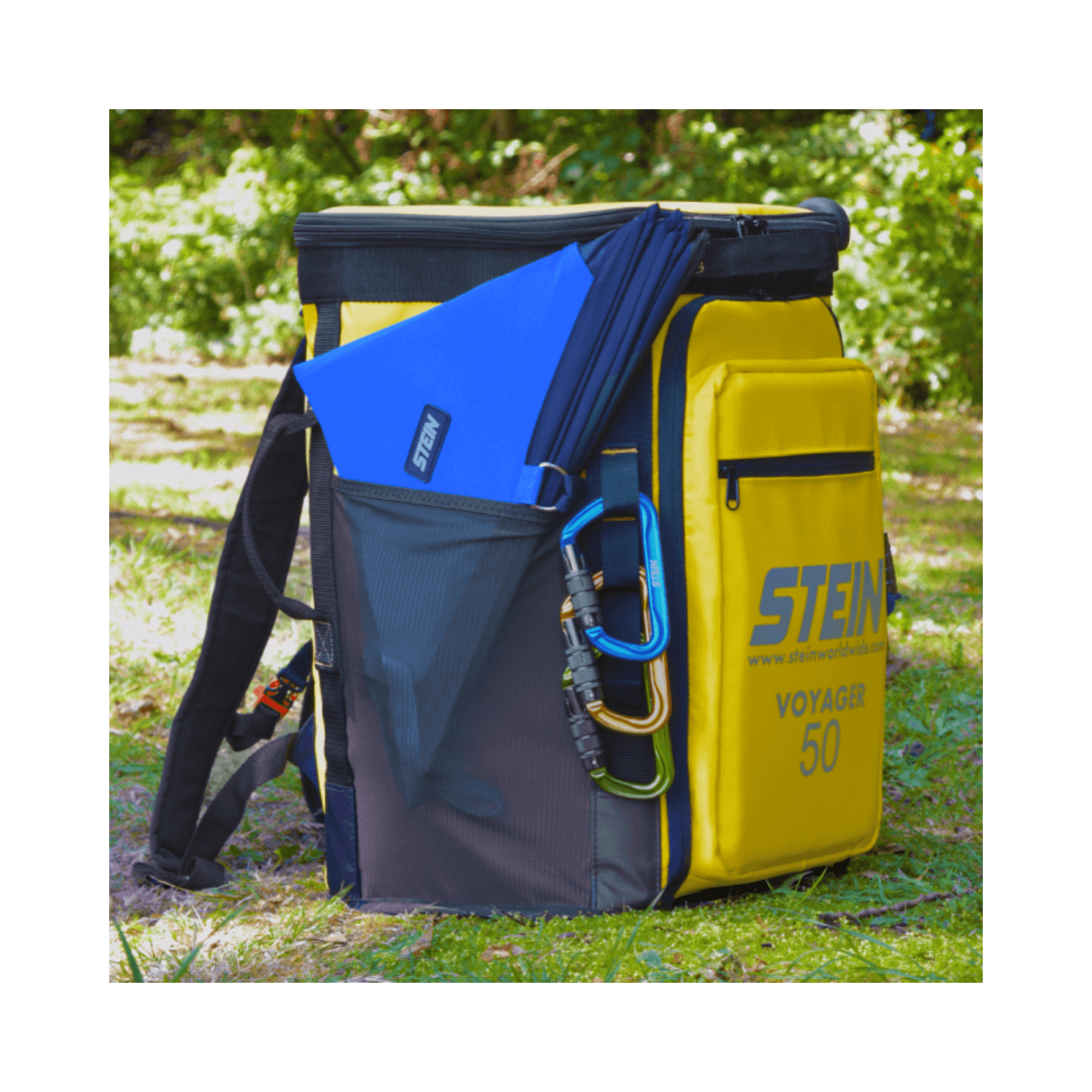 VOYAGER 50 Climbing Kit Storage Bag Blue with gear and accessories in climbing environment