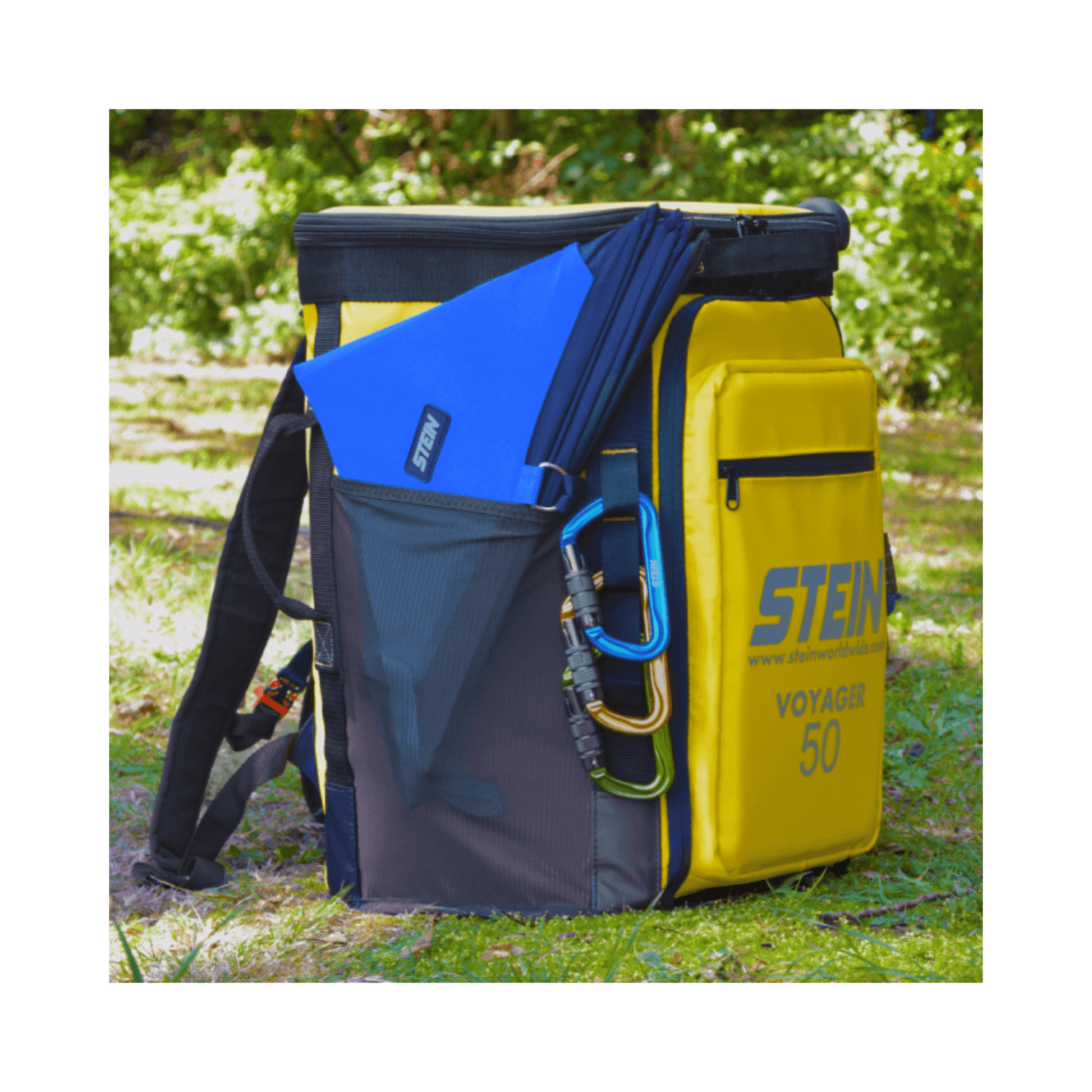 VOYAGER 50 Climbing Kit Storage Bag Blue with gear and accessories in climbing environment