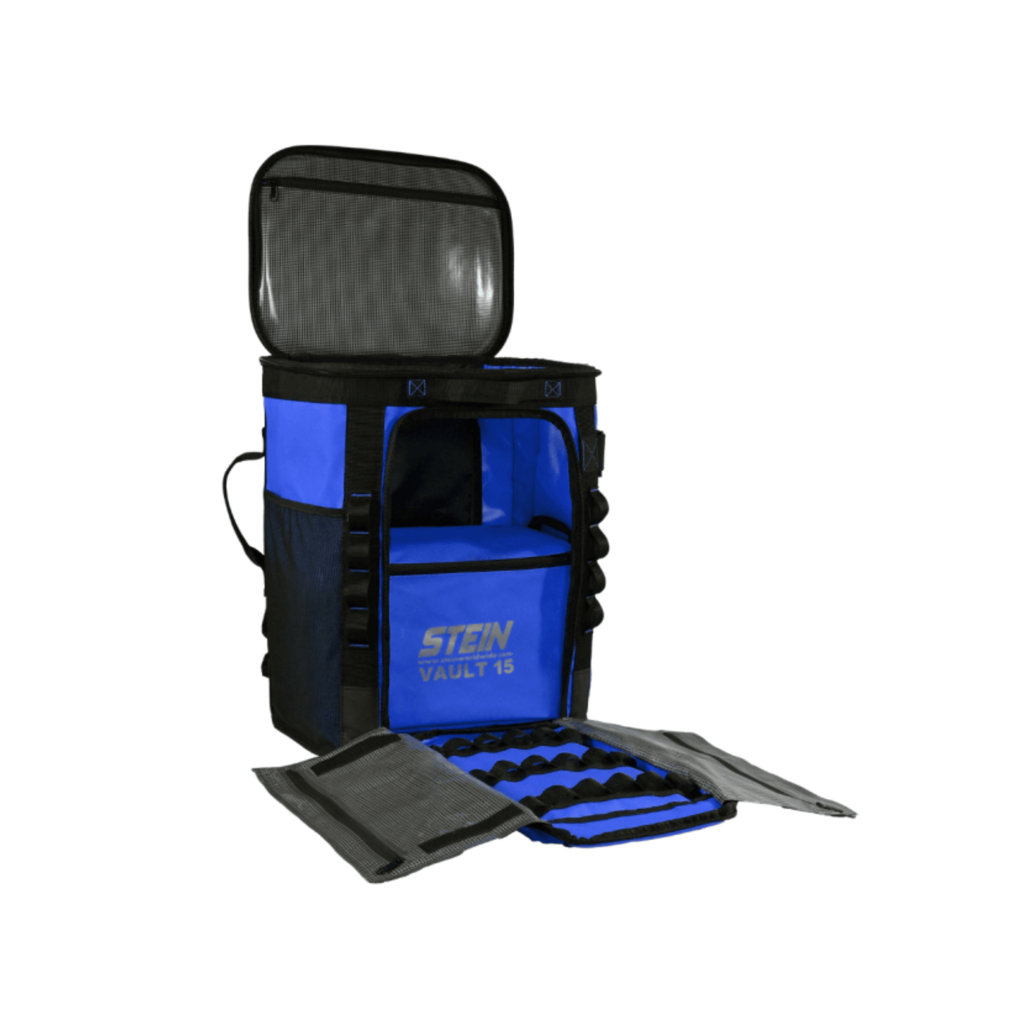 VOYAGER 50 Climbing Kit Storage Bag Blue featuring the STEIN VAULT 15 design, ideal for storing climbing gear.