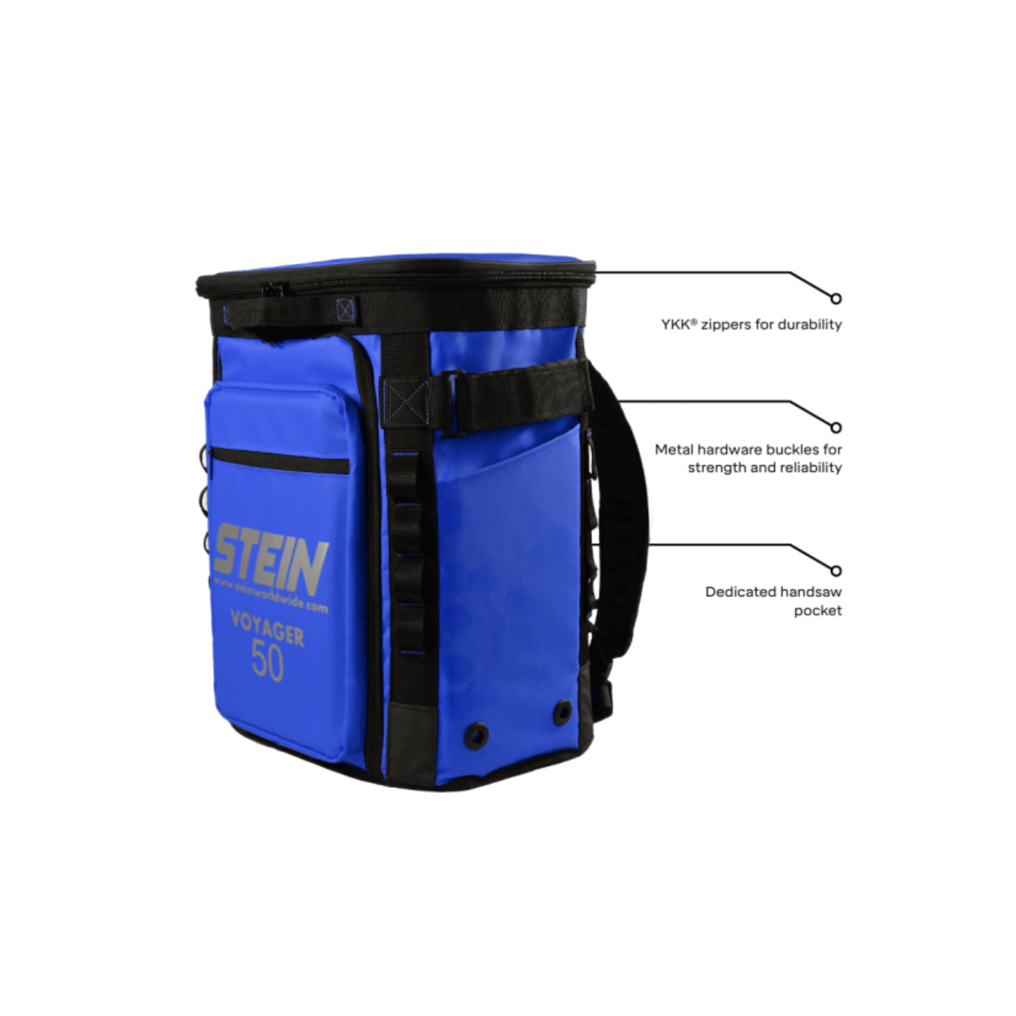 VOYAGER 50 Climbing Kit Storage Bag Blue featuring durable YKK zippers and metal hardware buckles.