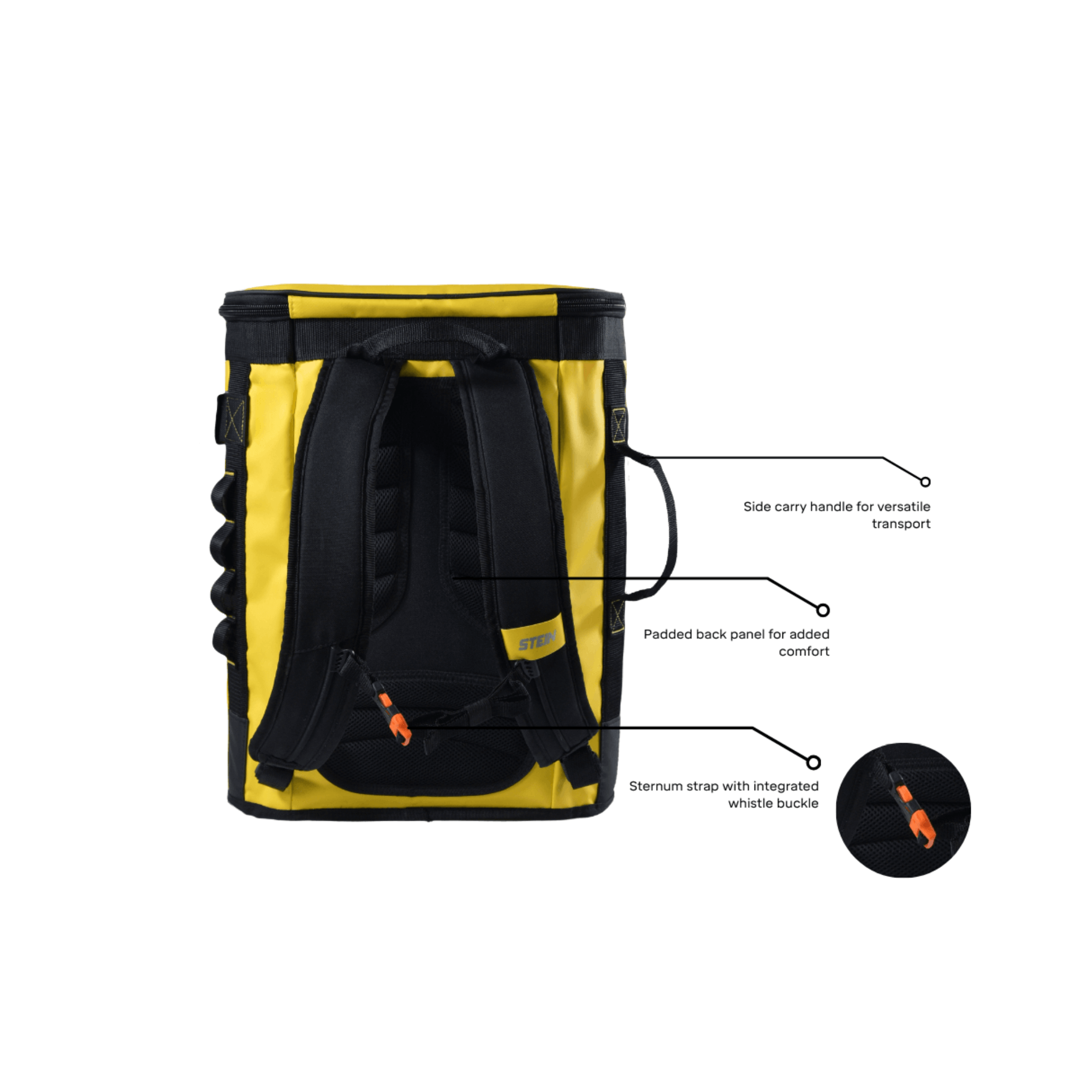 STEIN VOYAGER 50 Climbing Kit Storage Bag Yellow with padded back panel and side carry handle for easy transport.