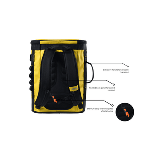 STEIN VOYAGER 50 Climbing Kit Storage Bag Yellow with padded back panel and side carry handle for easy transport.