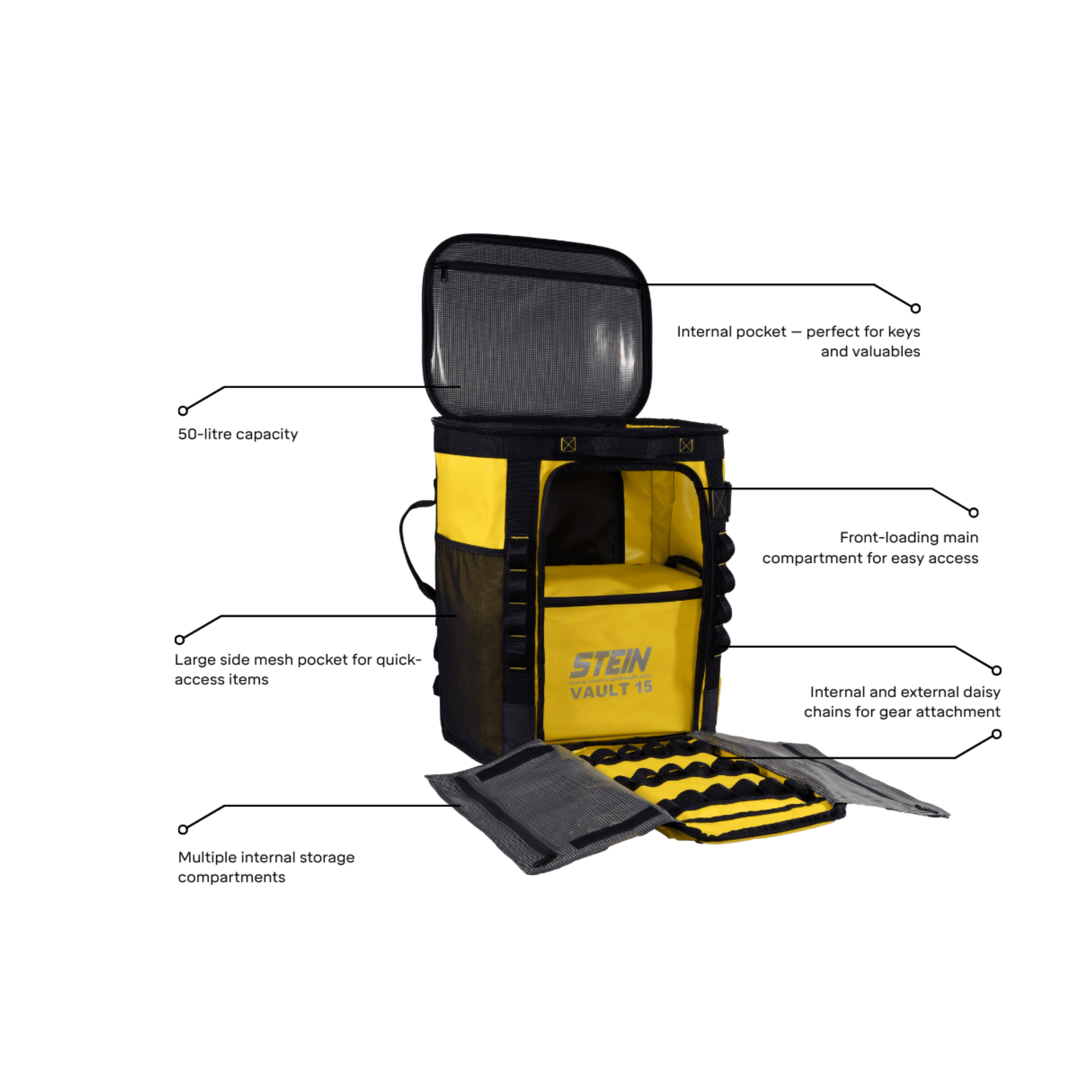 VOYAGER 50 Climbing Kit Storage Bag Yellow with multiple internal pockets and large side mesh pocket for gear organization.