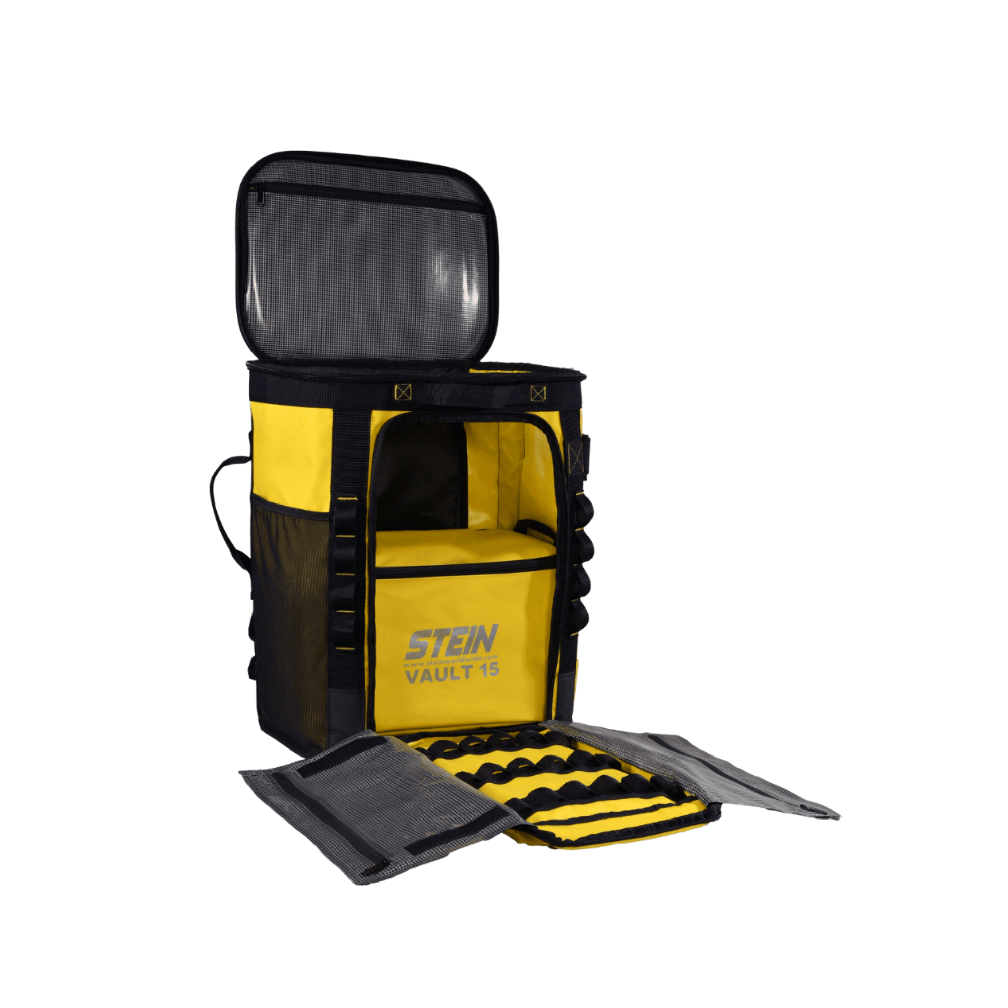 VOYAGER 50 Climbing Kit Storage Bag Yellow open, showcasing compartments and rugged design for climbers.