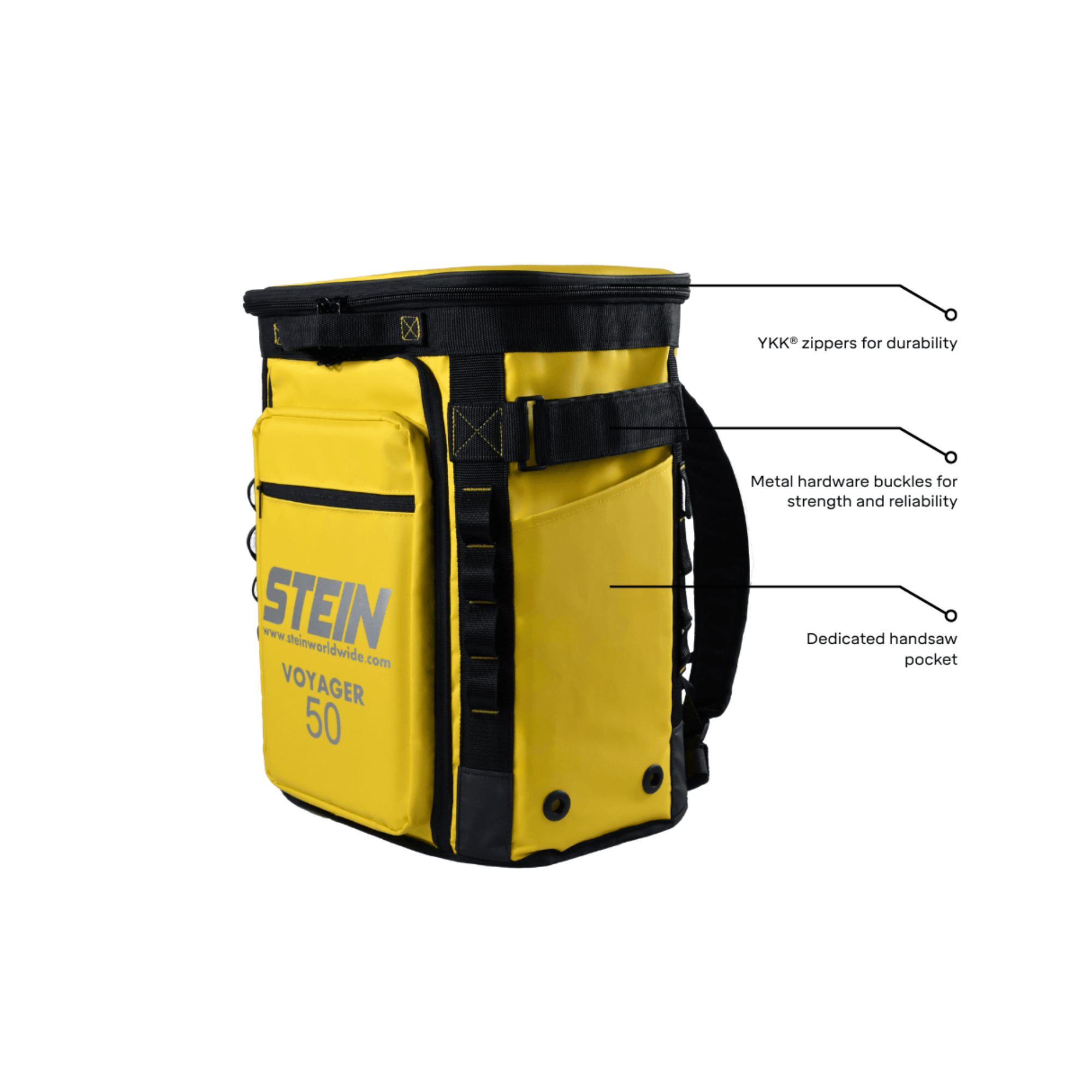 VOYAGER 50 Climbing Kit Storage Bag Yellow with YKK zippers and dedicated handsaw pocket.