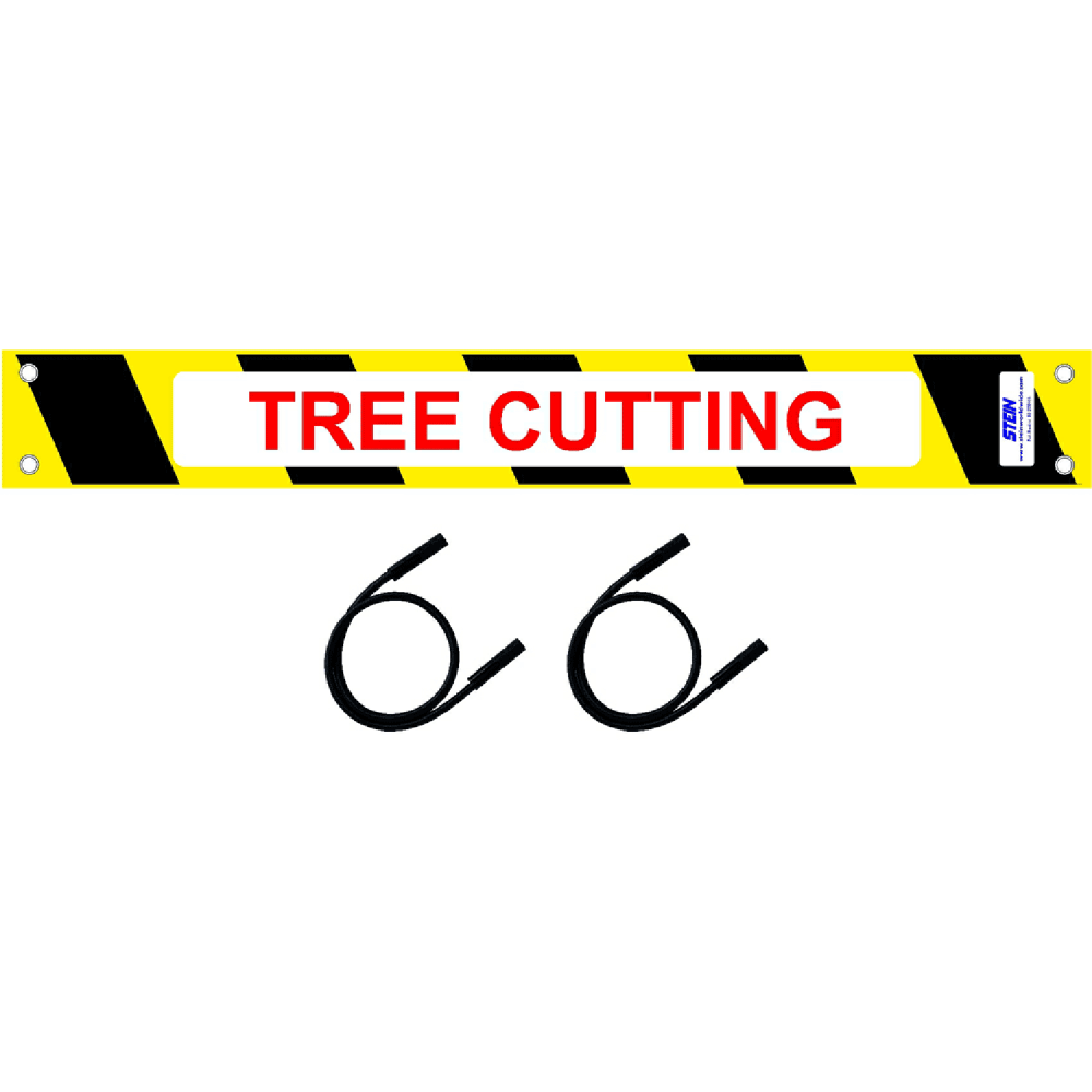 Warning banner for tree cutting with chevron design and bungee straps, ideal for tree surgeons.