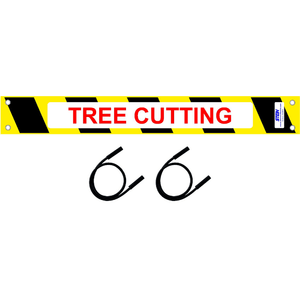 Warning banner for tree cutting with chevron design and bungee straps, ideal for tree surgeons.
