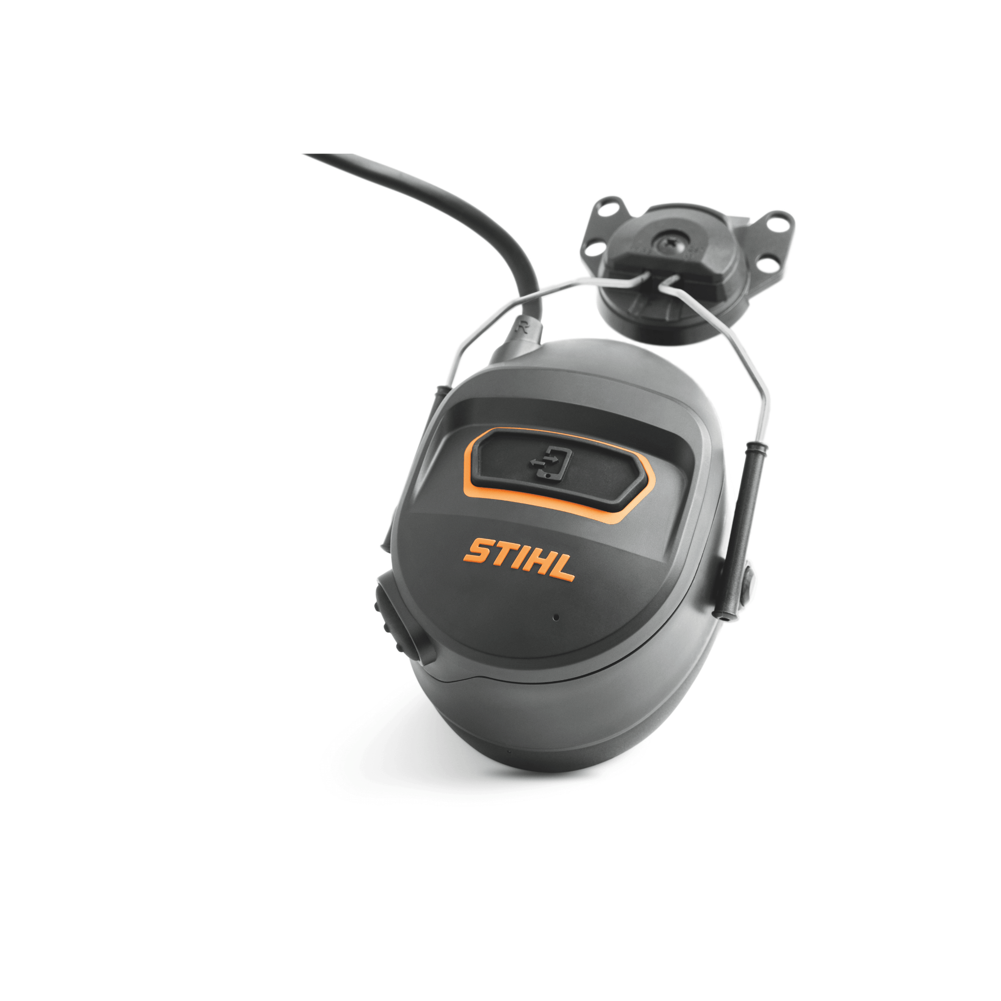 STIHL Advance Procom Bluetooth helmet mounted ear defenders for tree surgeons with control button and secure mounting.