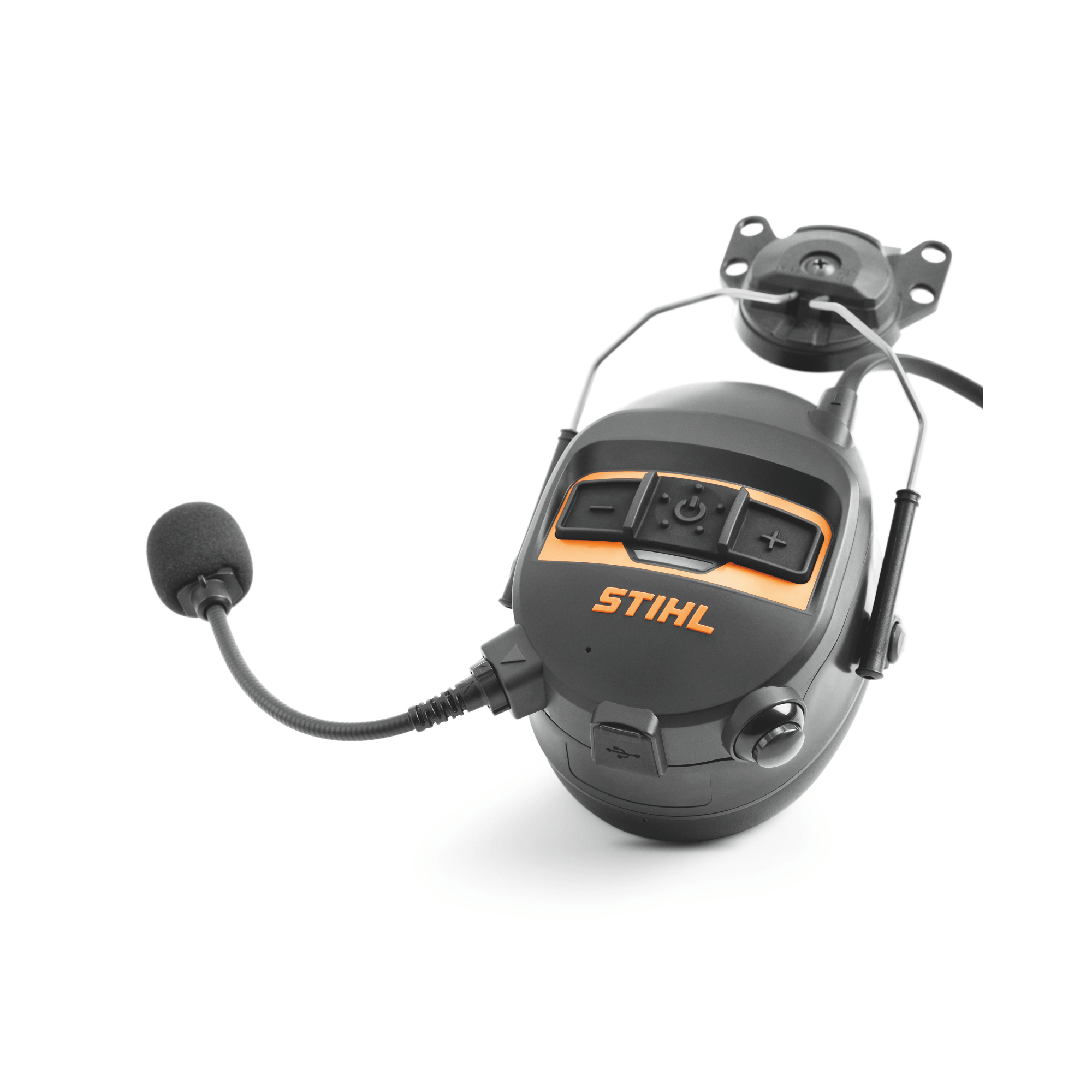 STIHL Advance Procom Bluetooth helmet mounted ear defenders with microphone and controls for tree surgeons.