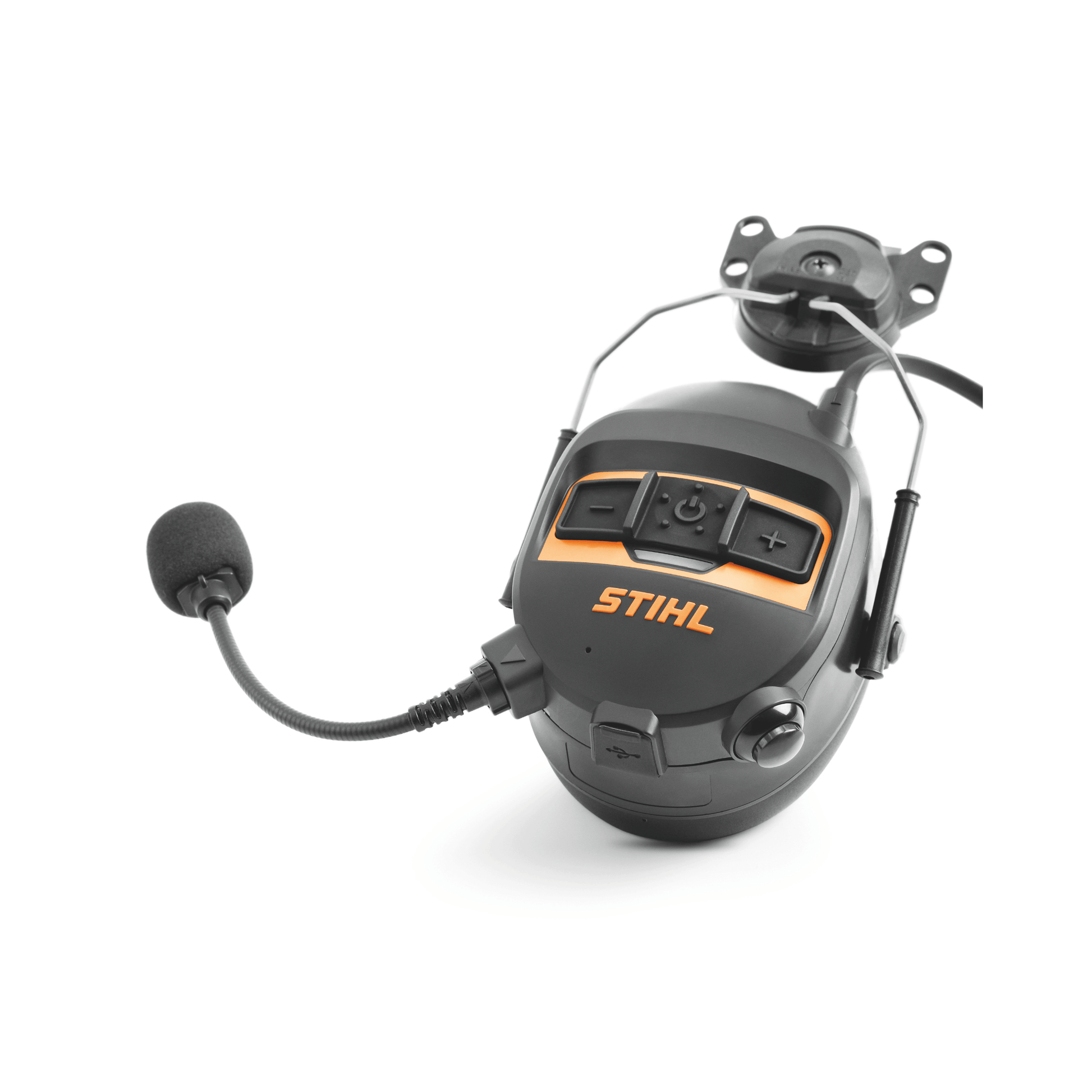 STIHL Advance Procom Bluetooth helmet mounted ear defenders with microphone and controls for tree surgeons.